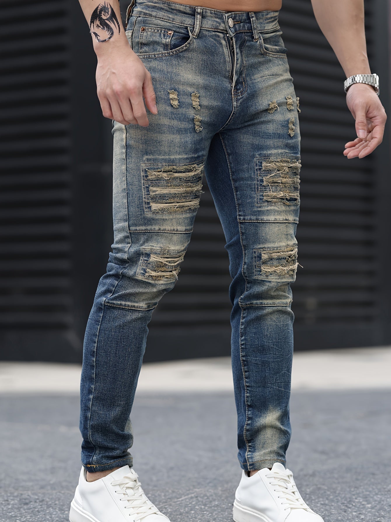 Stylish Gradient Ripped Skinny Jeans - Soft Cotton Blend, Slim Fit, Casual Street Style, Perfect for Spring Summer, Men's Fashion Essential