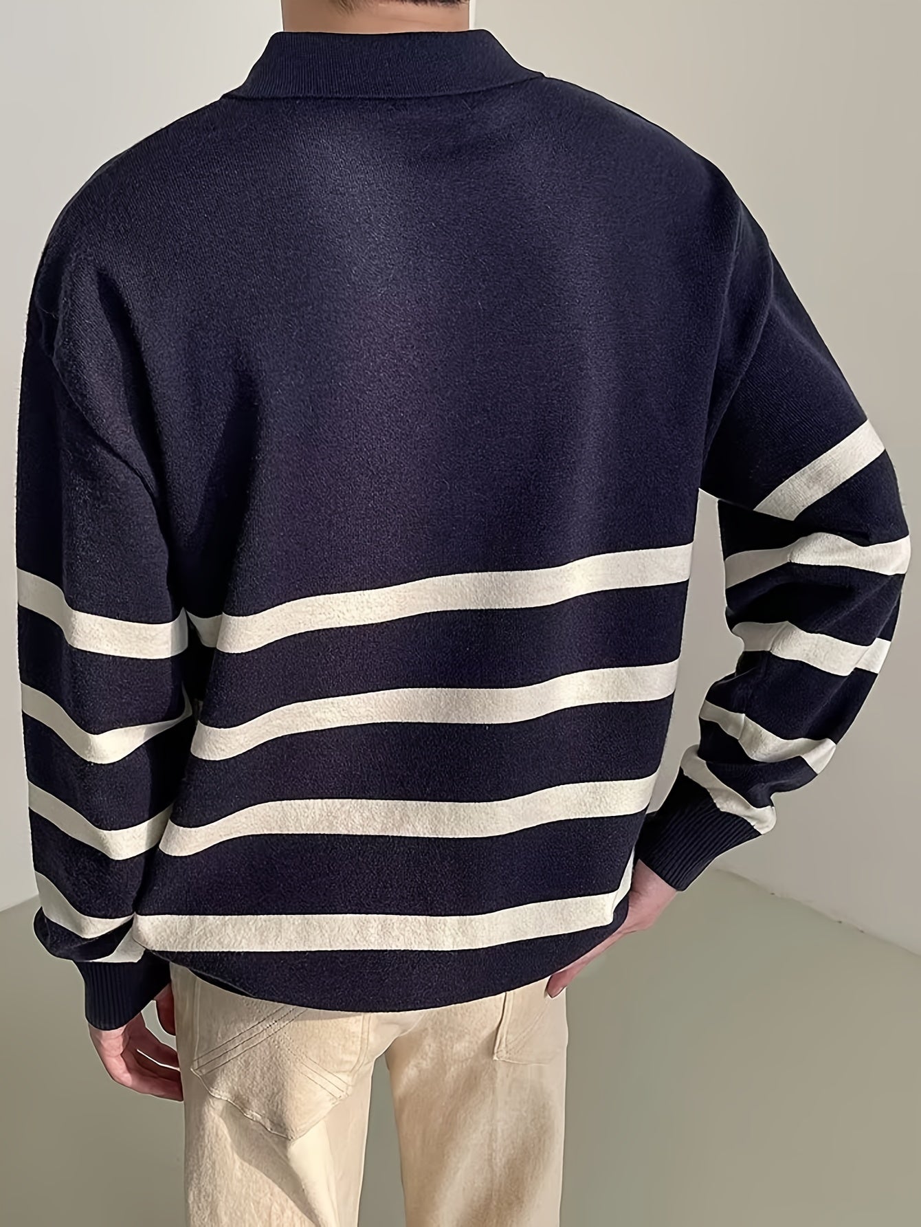 For Autumn And Winter, Long Sleeve Men's Color Blocking Striped Golf Shirt, Casual Stylish Top As Gift