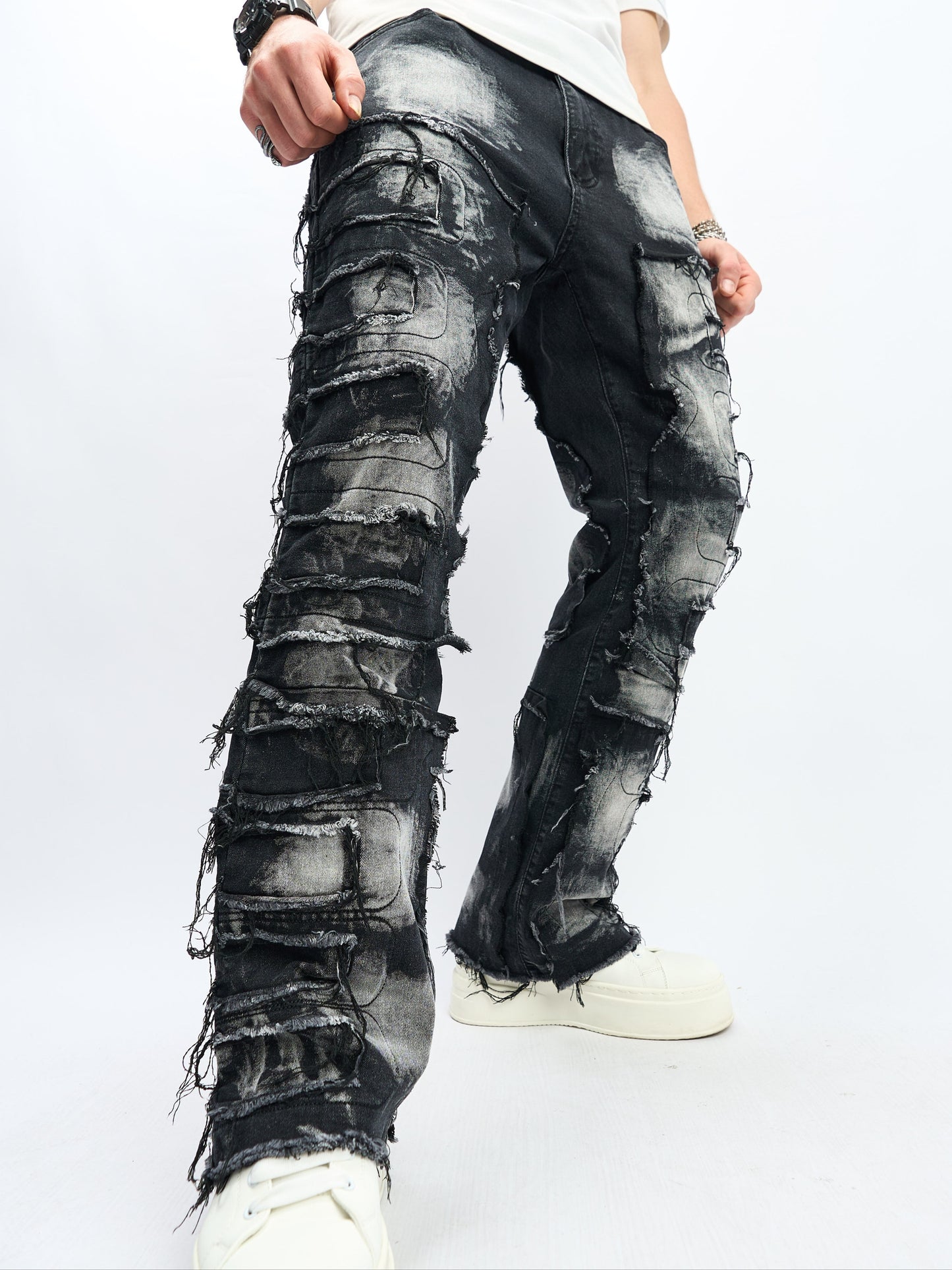 Men's Loose Fit Flares Jeans With Frayed Hem, Men's Stylish Comfy Denim Pants, Street Style Fashion