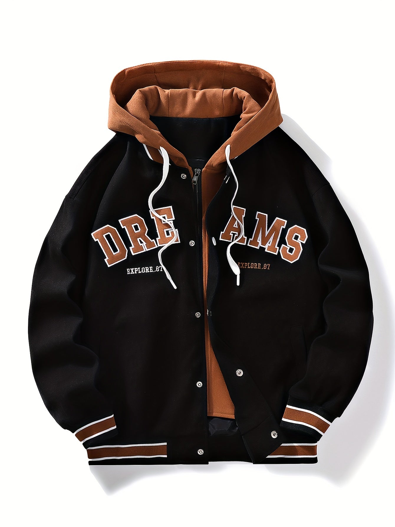 Men's Casual Hooded Varsity Jacket, Street Style Letter Print Jacket For School