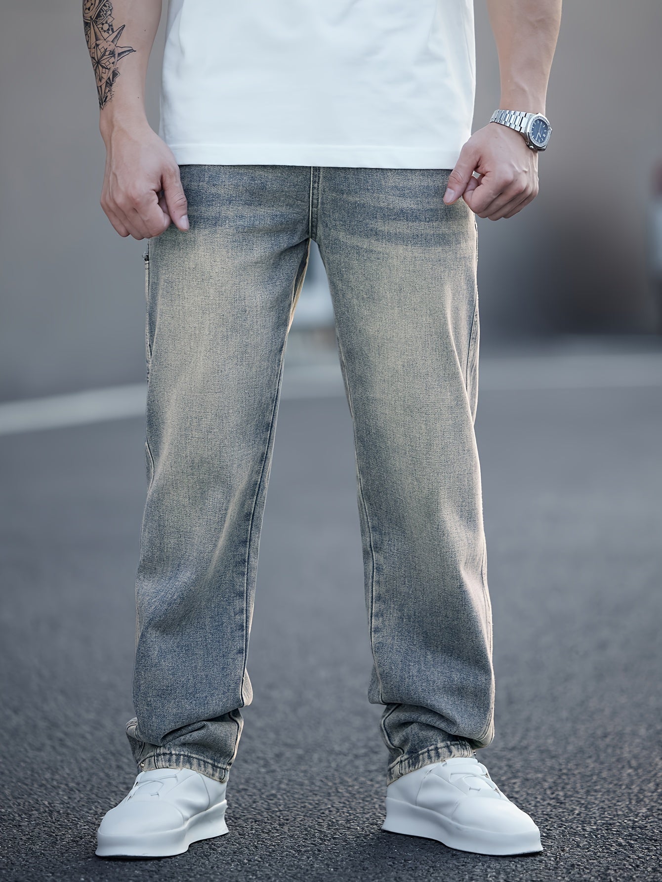 Men's Chic Wide Leg Classic Design Distressed Jeans - Loose Fit, Fashionable Ripped Knee, Five-Pocket Styling, Soft Fabric, Comfortable Wear - Perfect for Casual Occasions