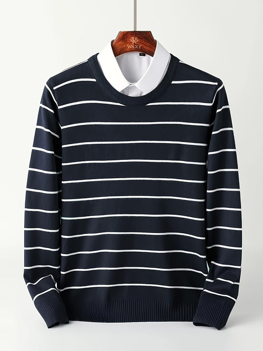 Cozy Striped Crew Neck Pullover Sweater for Men - Soft 100% Polyester Knit Fabric with Medium Stretch, Skinny Fit, and Comfortable Wear for Fall and Winter - Ideal for Casual Daily Wear, Outdoor Activities, and Gift Giving