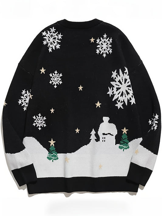 Cozy Men's Loose Fit Snowflake Graphic Print Knitted Crew Neck Long Sleeve Sweater for Fall Winter