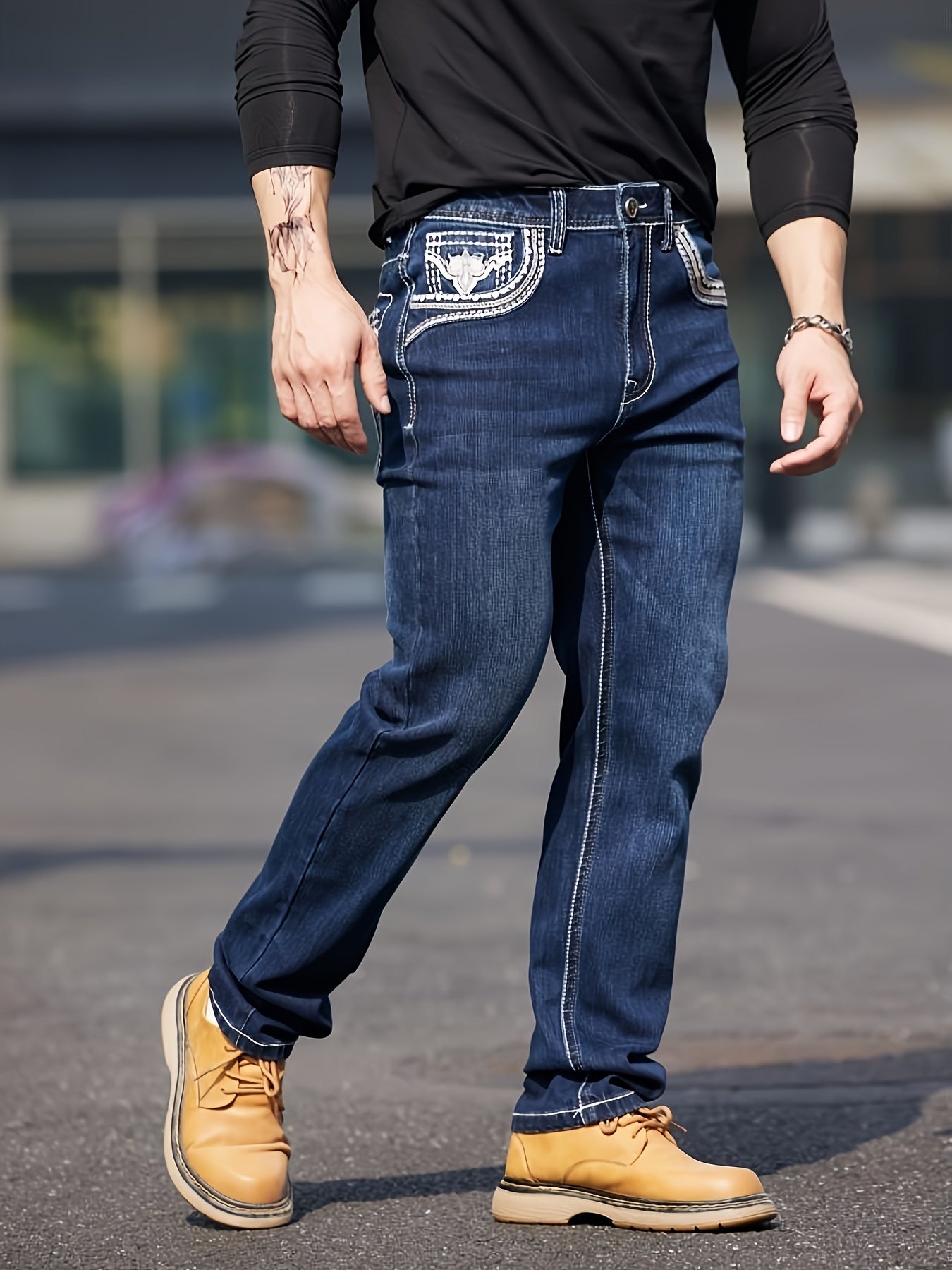 Four-Season Comfy Men's Straight Leg Embroidered Jeans - Fashion Denim Pants with Classic Design, Soft Fabric, and Relaxed Fit - Perfect for Casual Daily Wear