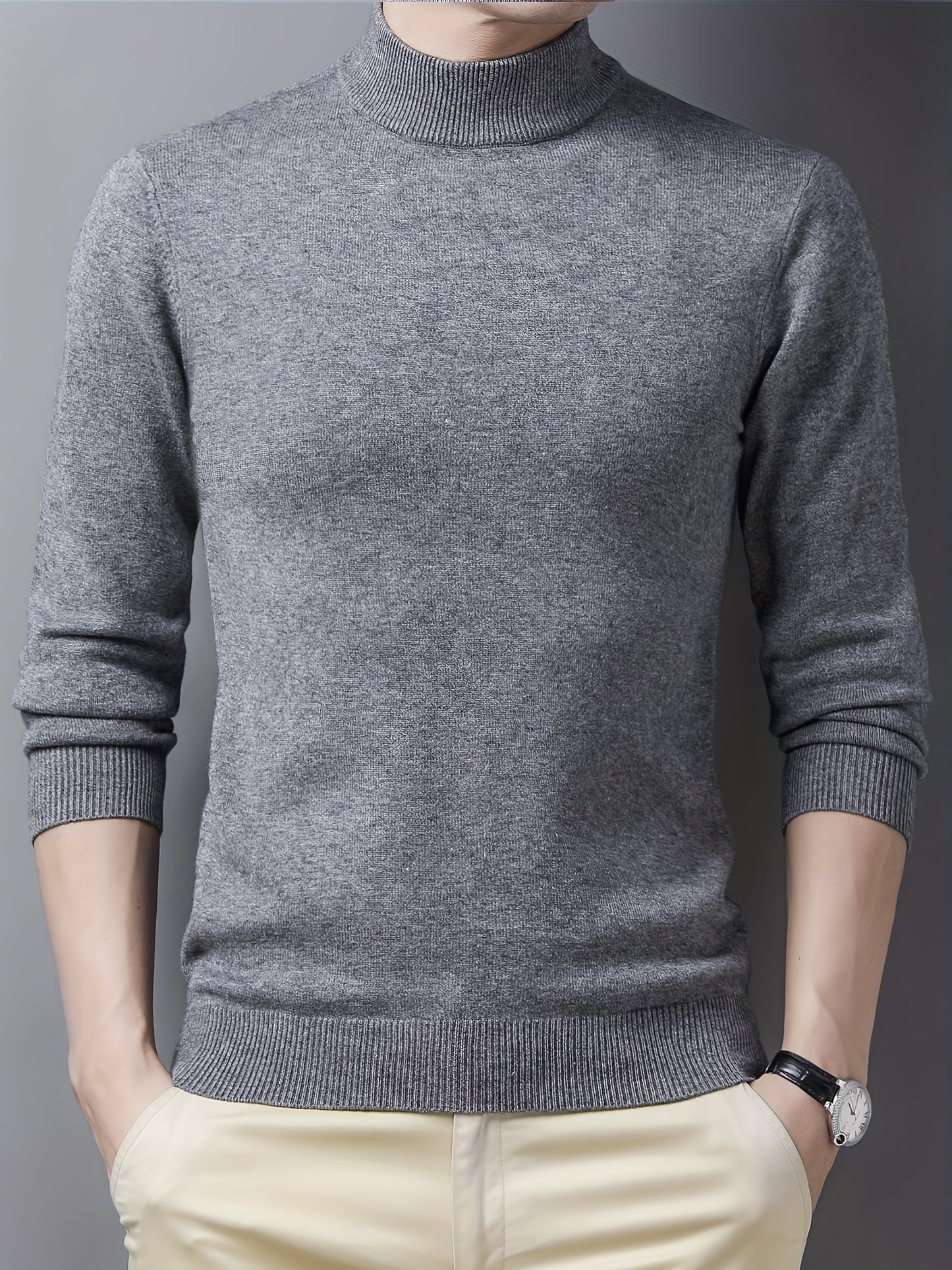 Men's Trendy Solid Knitted Pullover, Casual Mid Stretch Breathable Turtleneck Base Layer For Outdoor Fall Winter