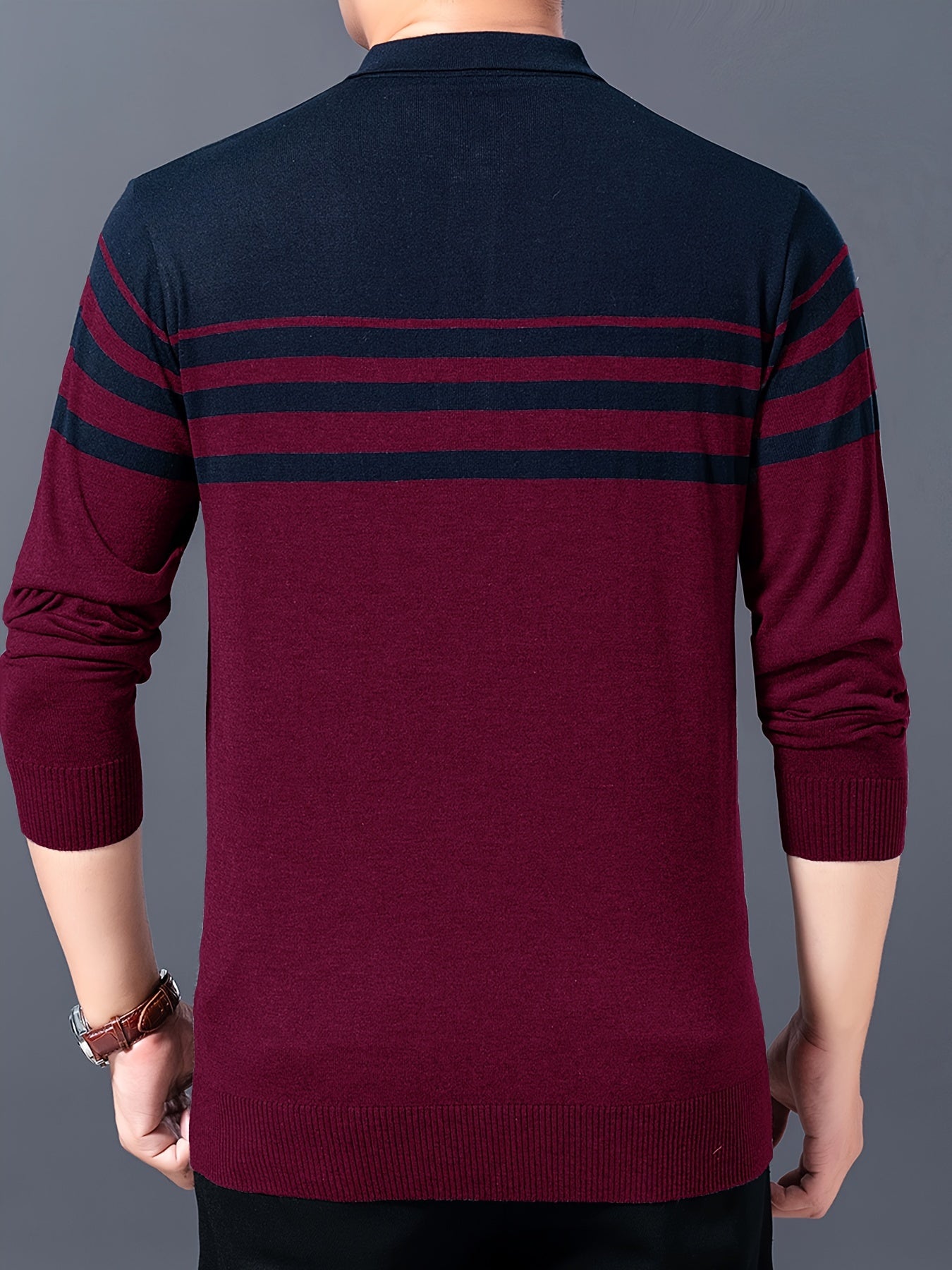 Men's Stylish Striped Sweater, Casual Mid Stretch Breathable Long Sleeve Shirt Top For City Walk Street Hanging