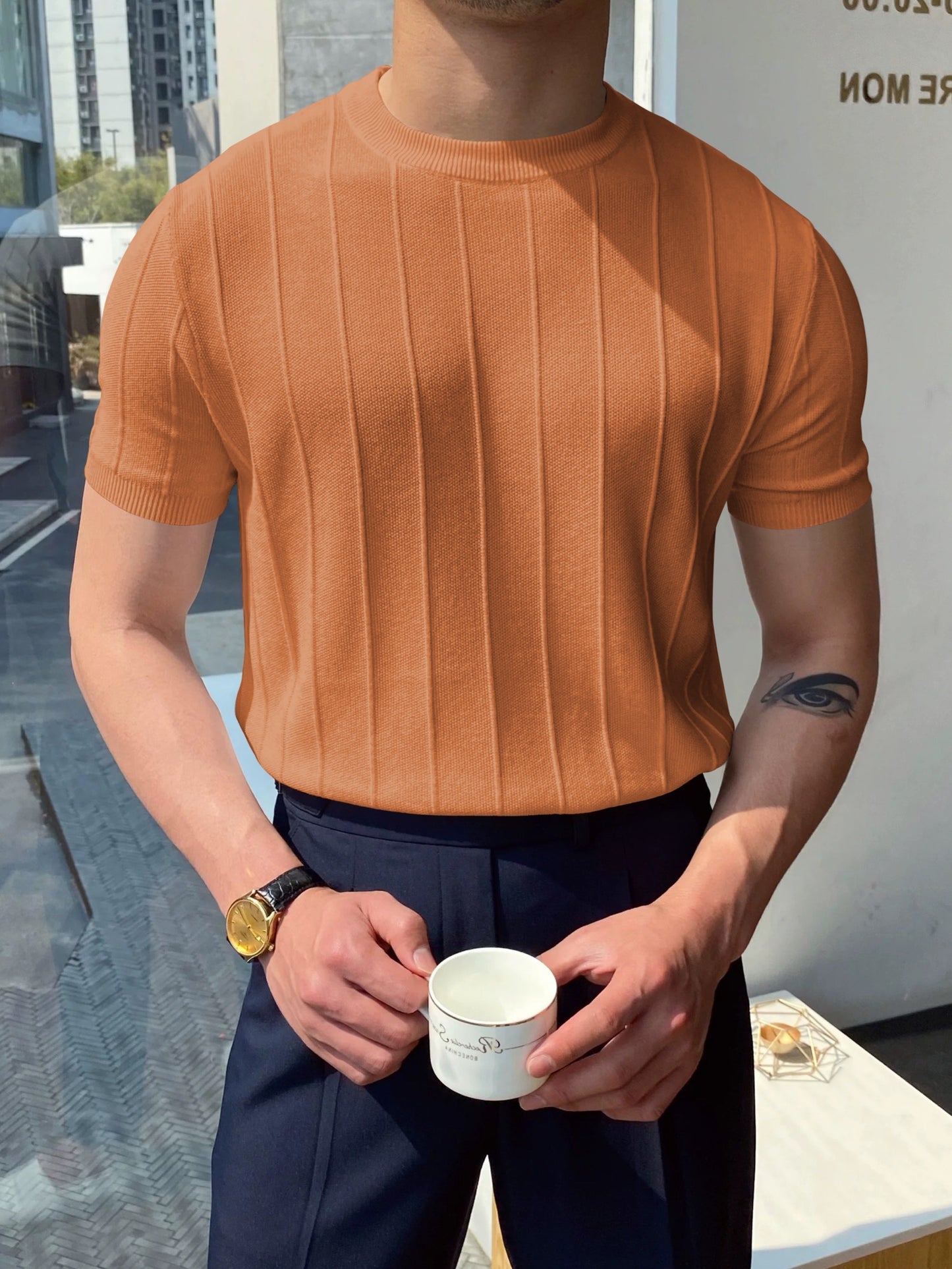 Men's Solid Striped Knitted Pullover, Casual Breathable Short Sleeve Crew Neck Sweater For Outdoor Activities