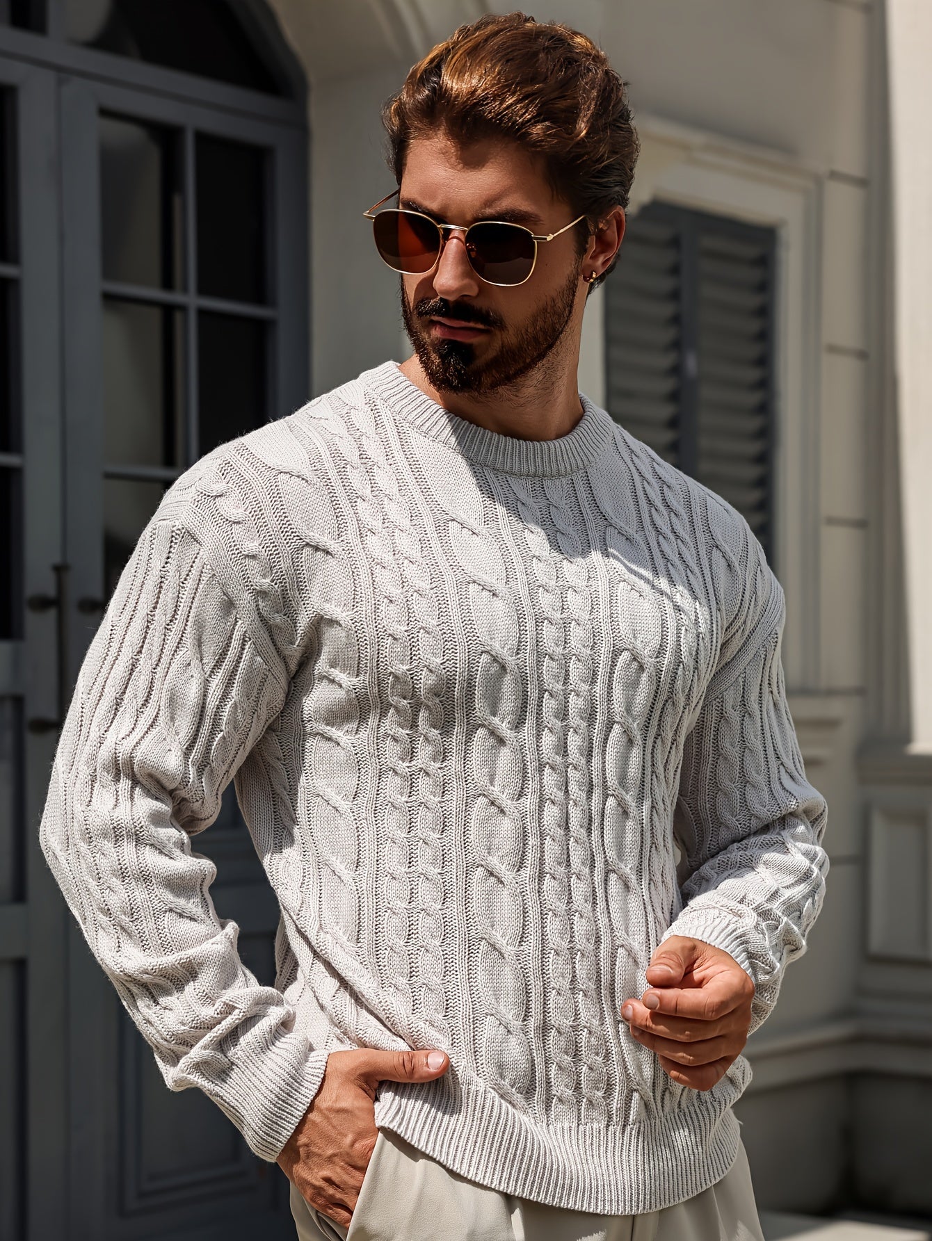 Autumn and Winter Solid Color Twist Texture Knit Long Sleeve Men's Sweater - Versatile Trendy Pullover As Gift