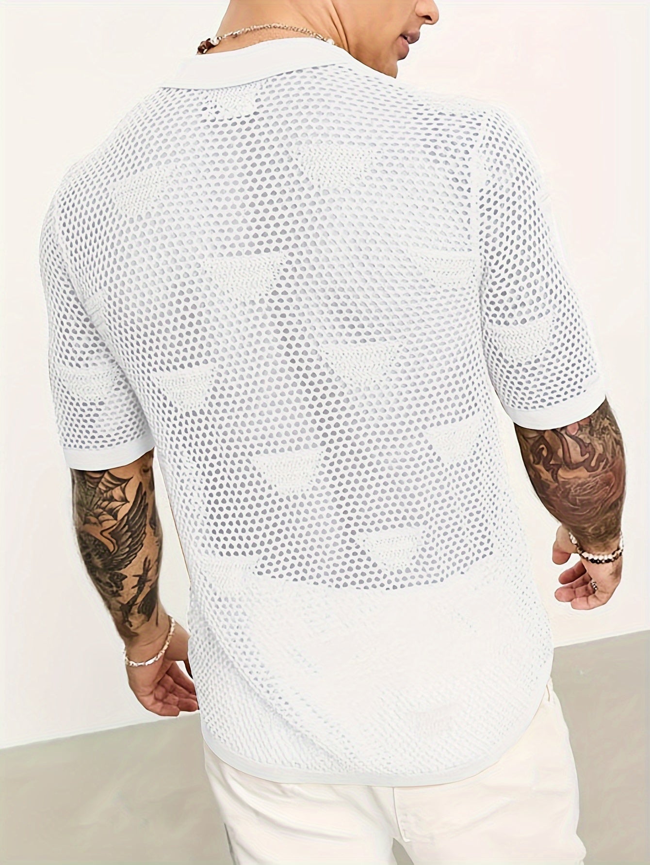 Fashion Men's See Through Breathable Short Sleeve Lapel Shirt, Men's Cotton Comfy Top For Summer Beach Party