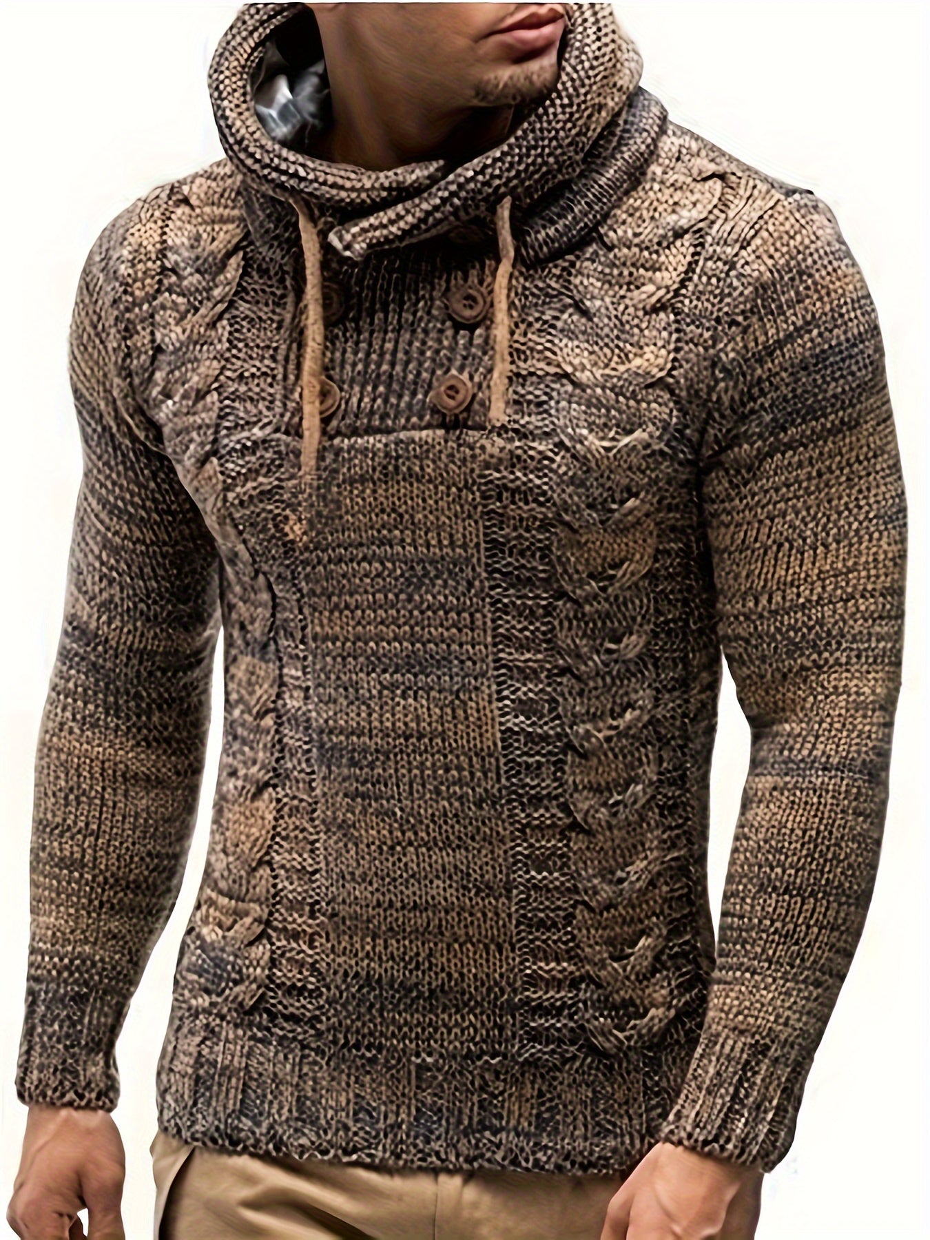 Acrylic Men's Retro Long Sleeve Knitted Cowl Neck Pullover Sweater With Drawstring For Fall Winter