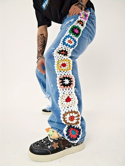 Unique Bohemian-Style Embroidered Wide-Leg Jeans for Men - Fashionable Artistic Denim Pants with Patchwork Design, Comfortable Fit, and Stylish Details - Perfect for Casual Wear and Fashion Enthusiasts