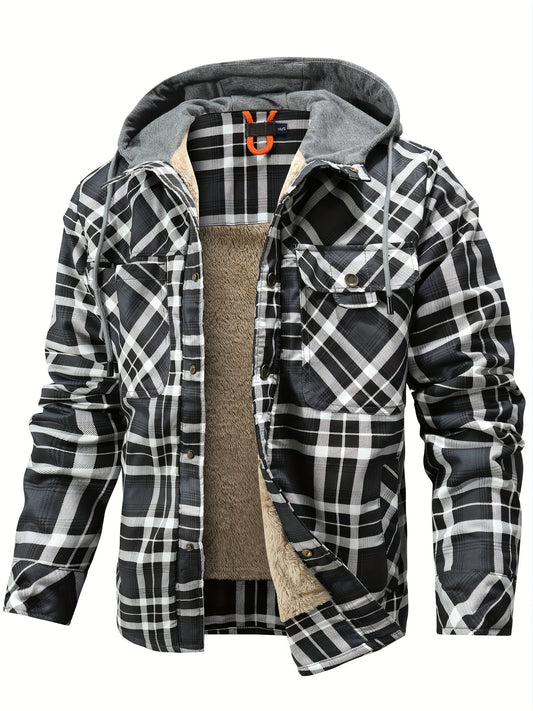 Men's Plaid Sherpa-Lined Hooded Jacket, Casual Style, Button Down Cozy Fleece Winter Coat, Warm Fashion Outerwear