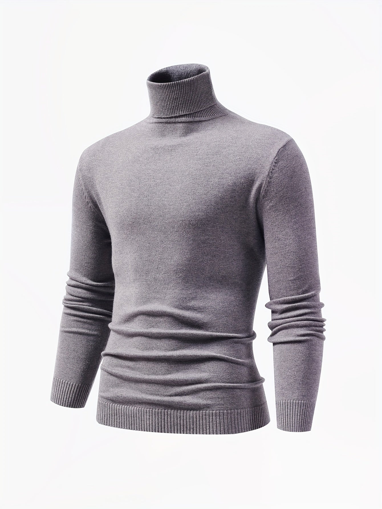 Turtle Neck Knitted Solid Sweater, Men's Casual Warm Slightly Stretch Pullover Sweater For Fall Winter