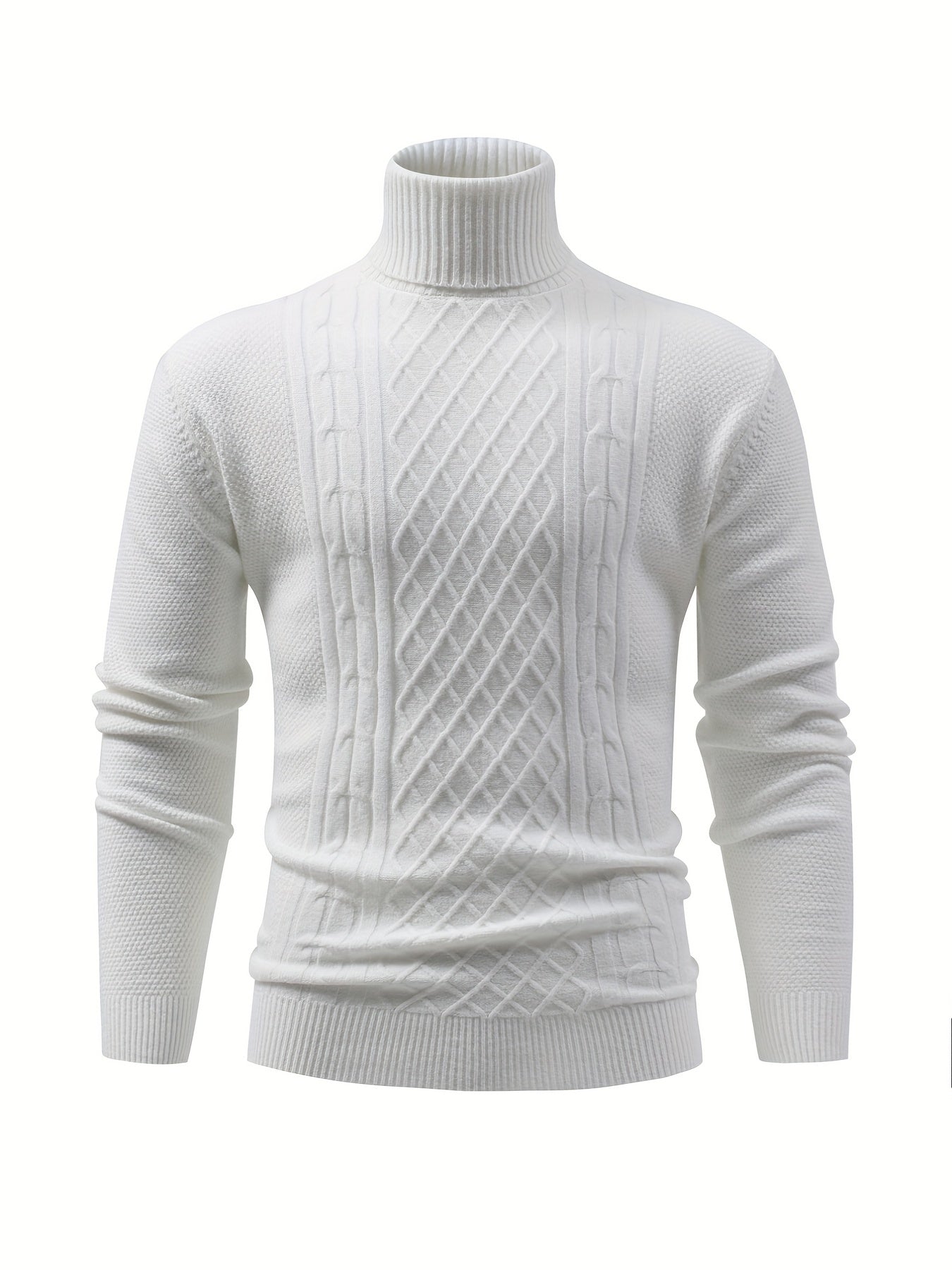 Turtle Neck Knitted Cable Sweater, Men's Casual Warm Solid High Stretch Pullover Sweater For Fall Winter