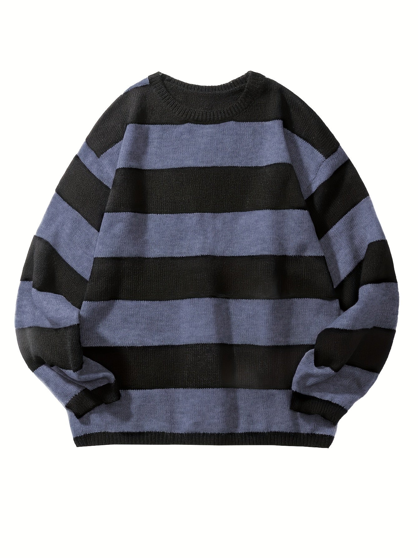 Men's Casual Fashion Striped Pullover Sweater, Spring/Autumn Thin Polyester Knit, Round Neck, Stretchy Fabric, Regular Fit