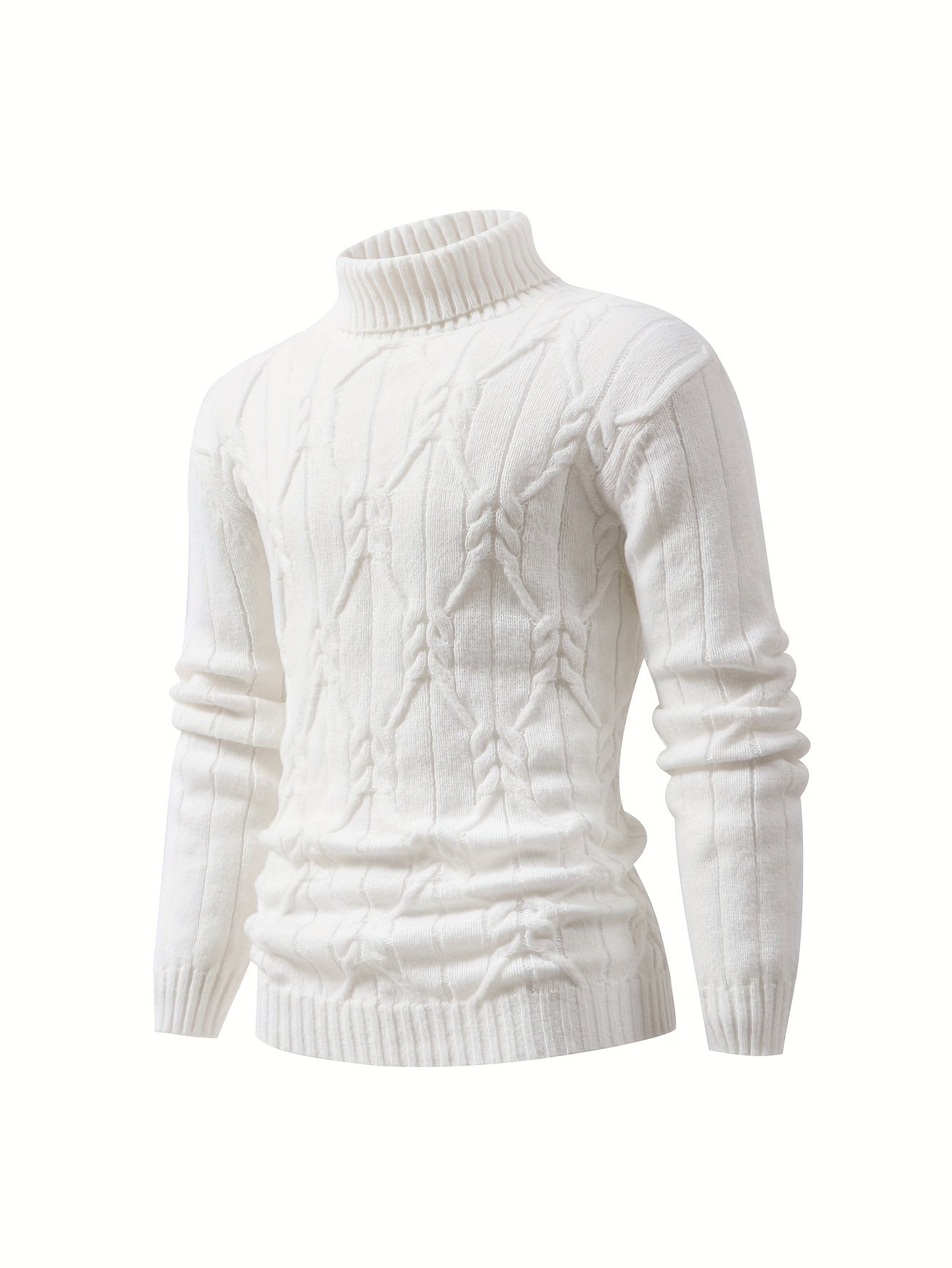 Long Sleeve High Stretch Men's Solid Pullover Casual Cable Knit Turtle Neck Sweater For Fall Winter