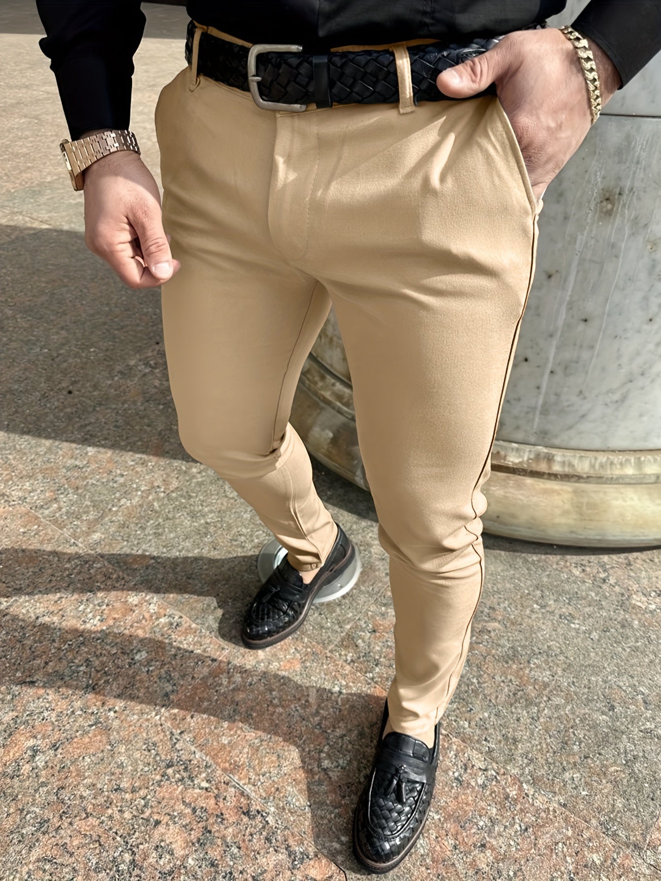 Hundred Foot Solid Color Slim Fit Pencil Pants - Men's Dress Pants for Business Casual Daily Wear - Europe and US Style Fashion, Old Money Inspired, Comfortable and Versatile