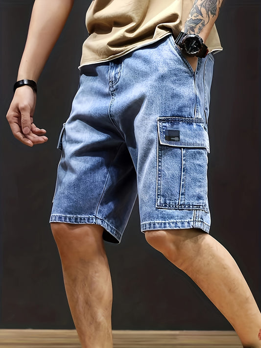 Men's Solid Cotton Blend Denim Jorts With Side Pockets Design, Chic Street Style Summer Bottoms For Men