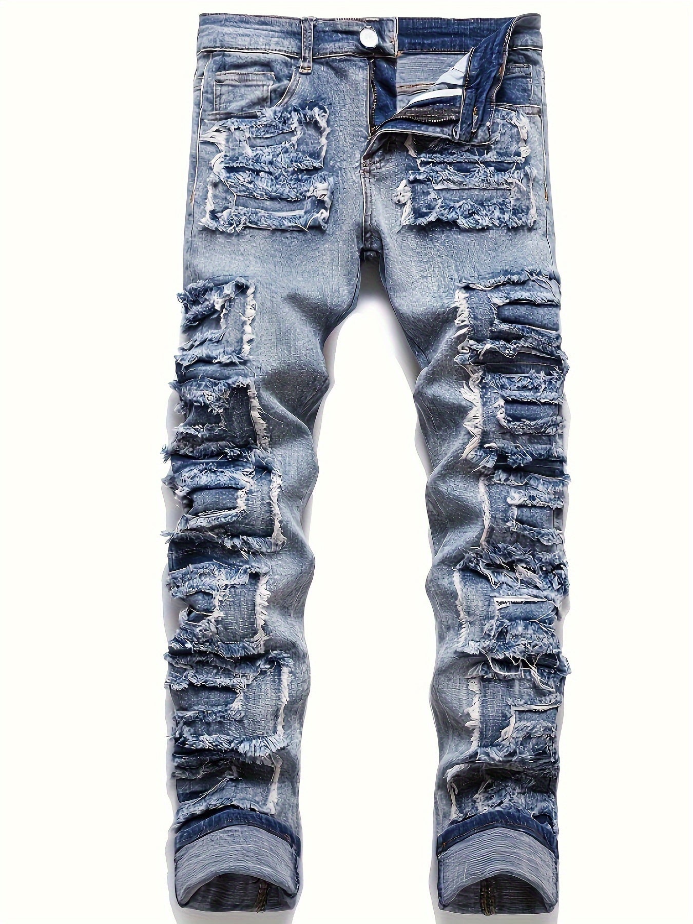 Men's Loose Fit Raw Trim Jeans, Casual Street Style Jeans