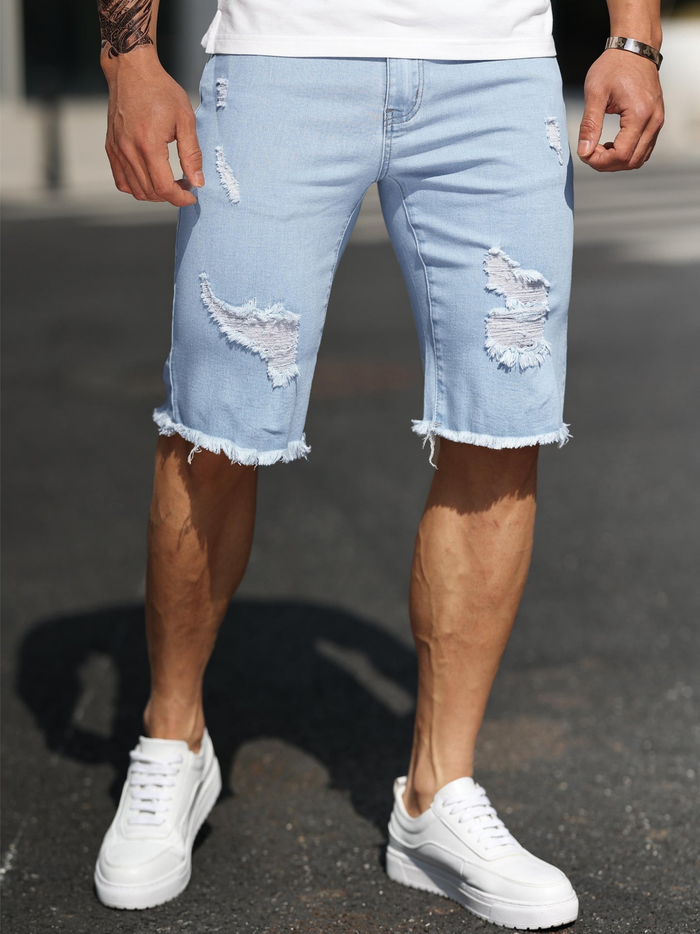 Mens Ripped Slim Fit Jorts - Soft Cotton Blend, Chic Street Style, Frayed Hem, Summer Bottoms, Comfortable, Breathable, and Stylish - Perfect for Casual Outdoor Activities