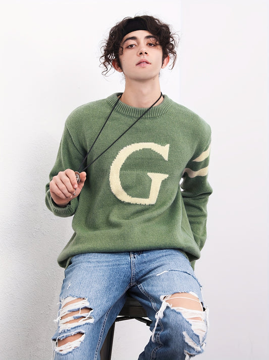 Men's ''G'' Pattern Sweater, Warm Trendy Knit Pullover