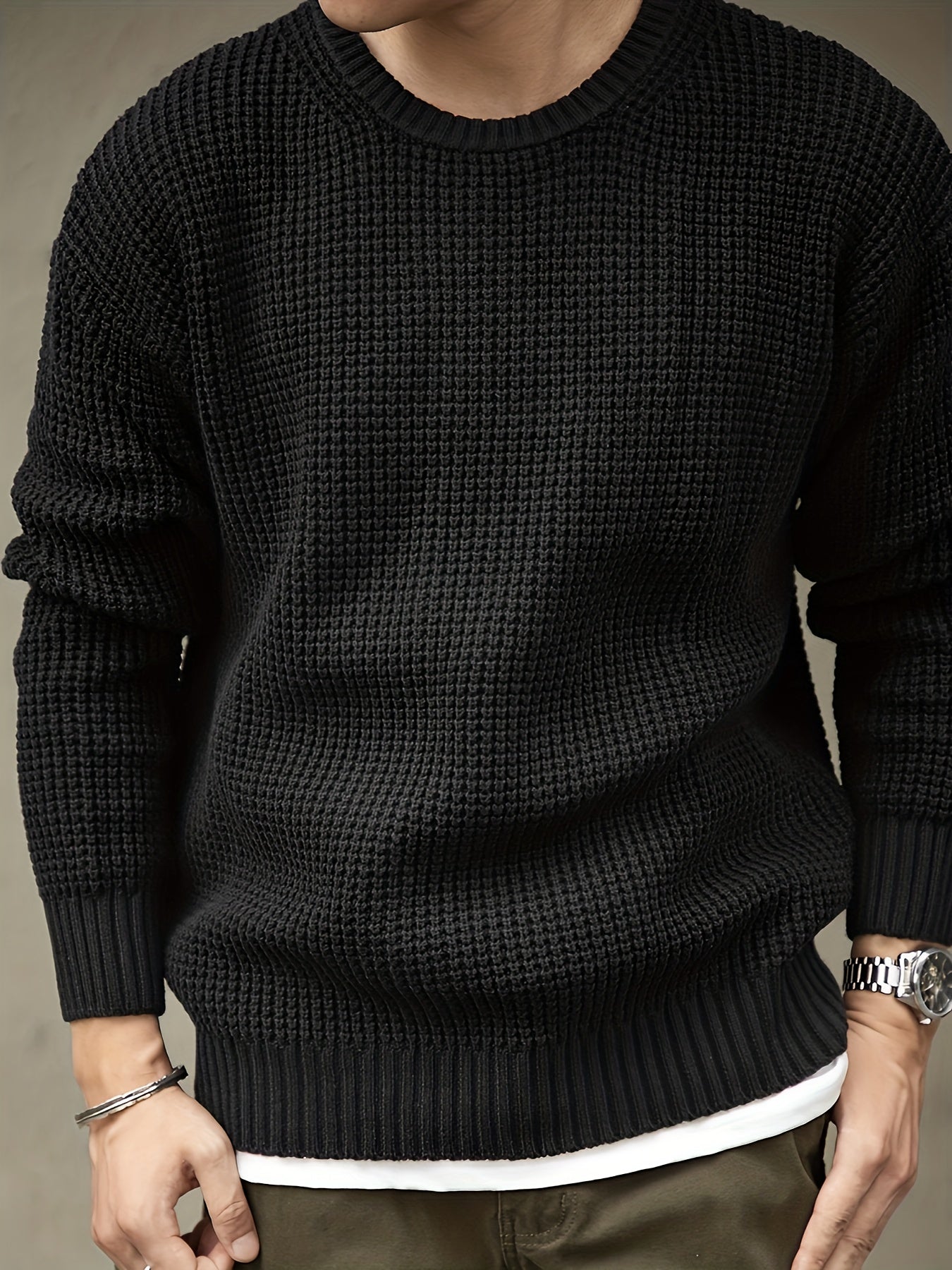 Men's Solid Knitted Pullover, Casual Long Sleeve Crew Neck Sweater For Fall Winter