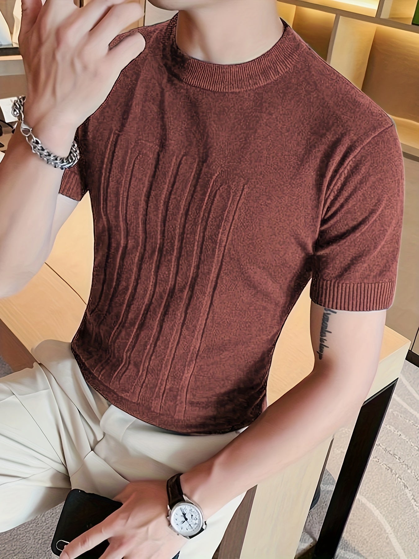 Chic Knit Short Sleeve Shirt, Men's Casual Mid Stretch Crew Neck Pullover Sweater For Spring Fall