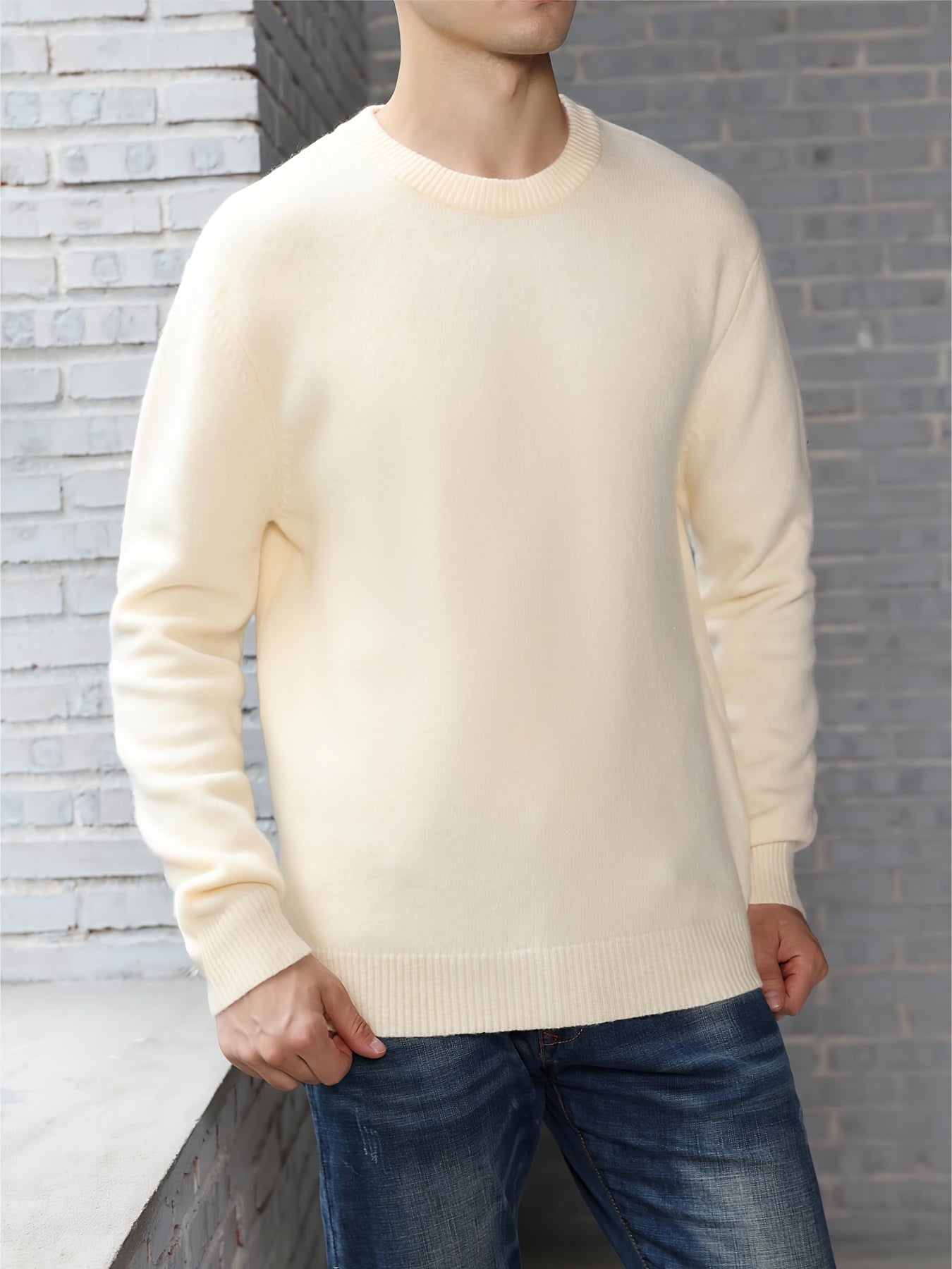 Men's Stylish Solid Knitted Pullover, Casual High Stretch Breathable Long Sleeve Crew Neck Top For City Walk Street Hanging Outdoor Activities