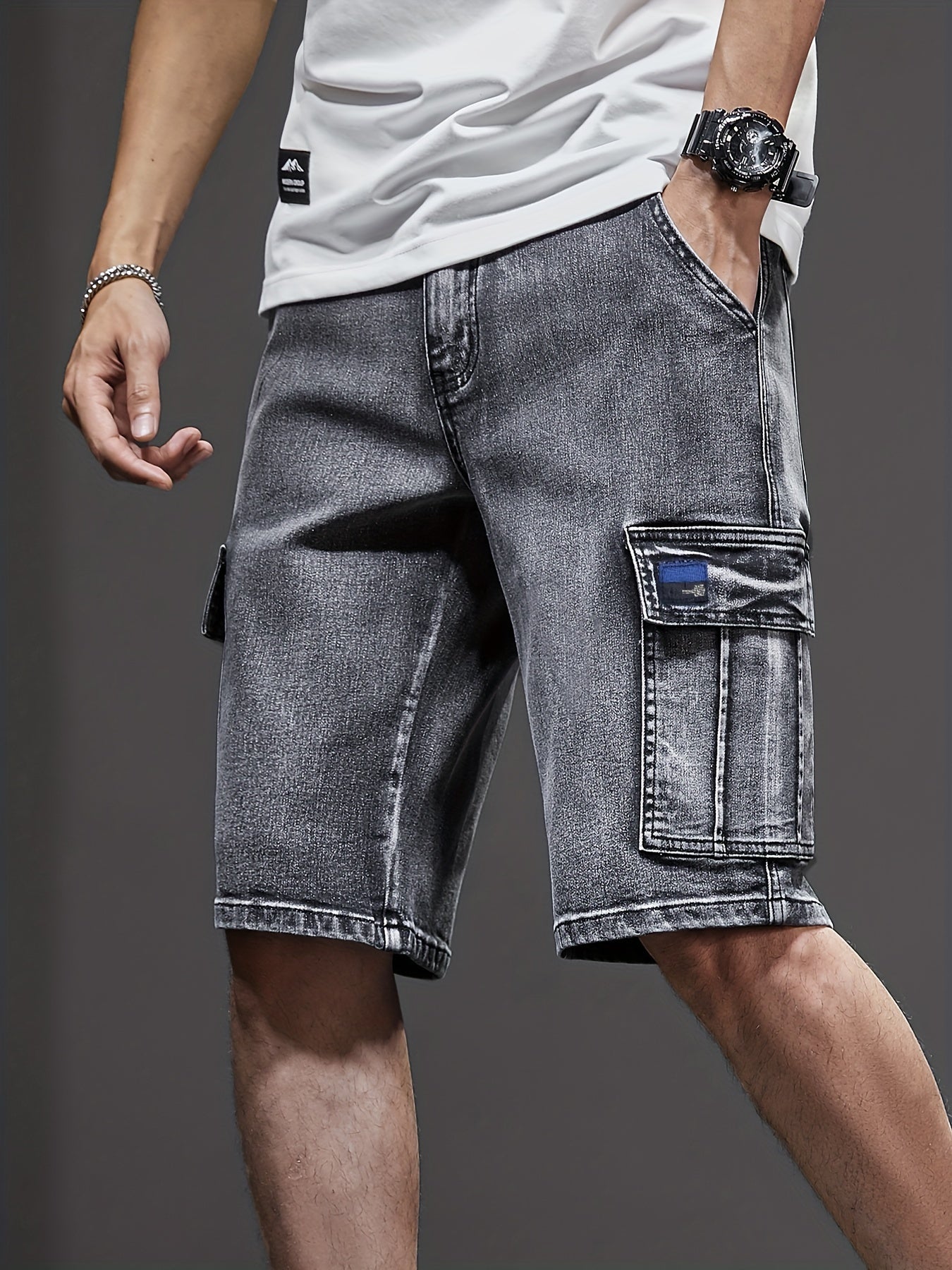 Men's Solid Cotton Blend Denim Jorts With Side Pockets Design, Chic Street Style Summer Bottoms For Men