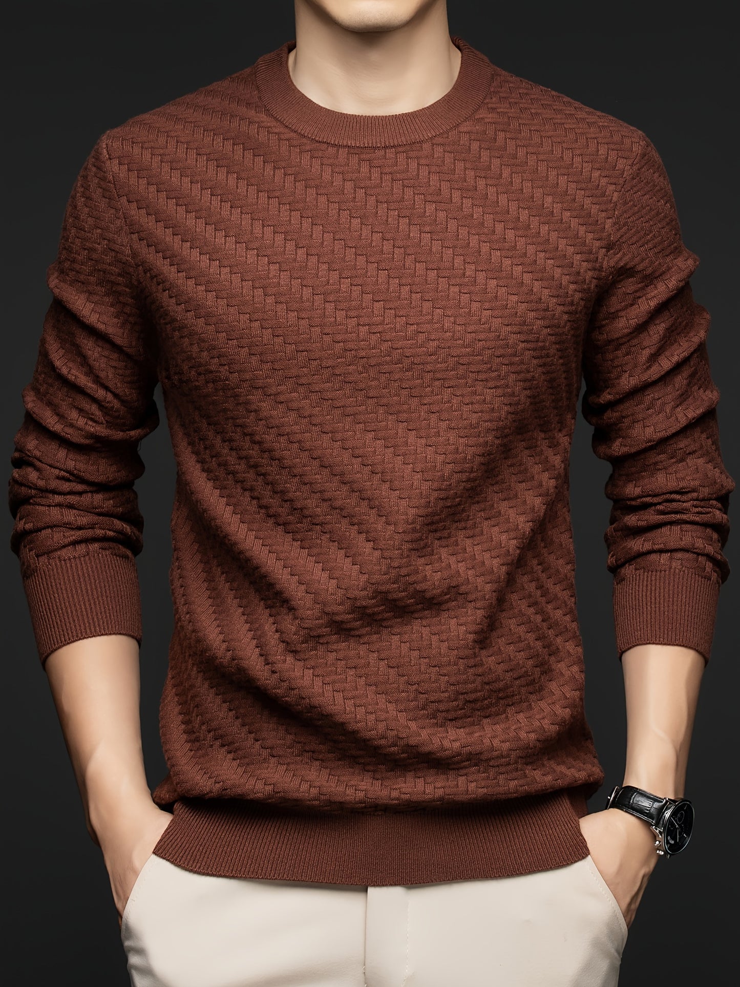 Cozy Solid Striped Knitted Crew Neck Pullover - Men's Long Sleeve Casual Sweater for Fall Winter - Soft, Warm, and Versatile