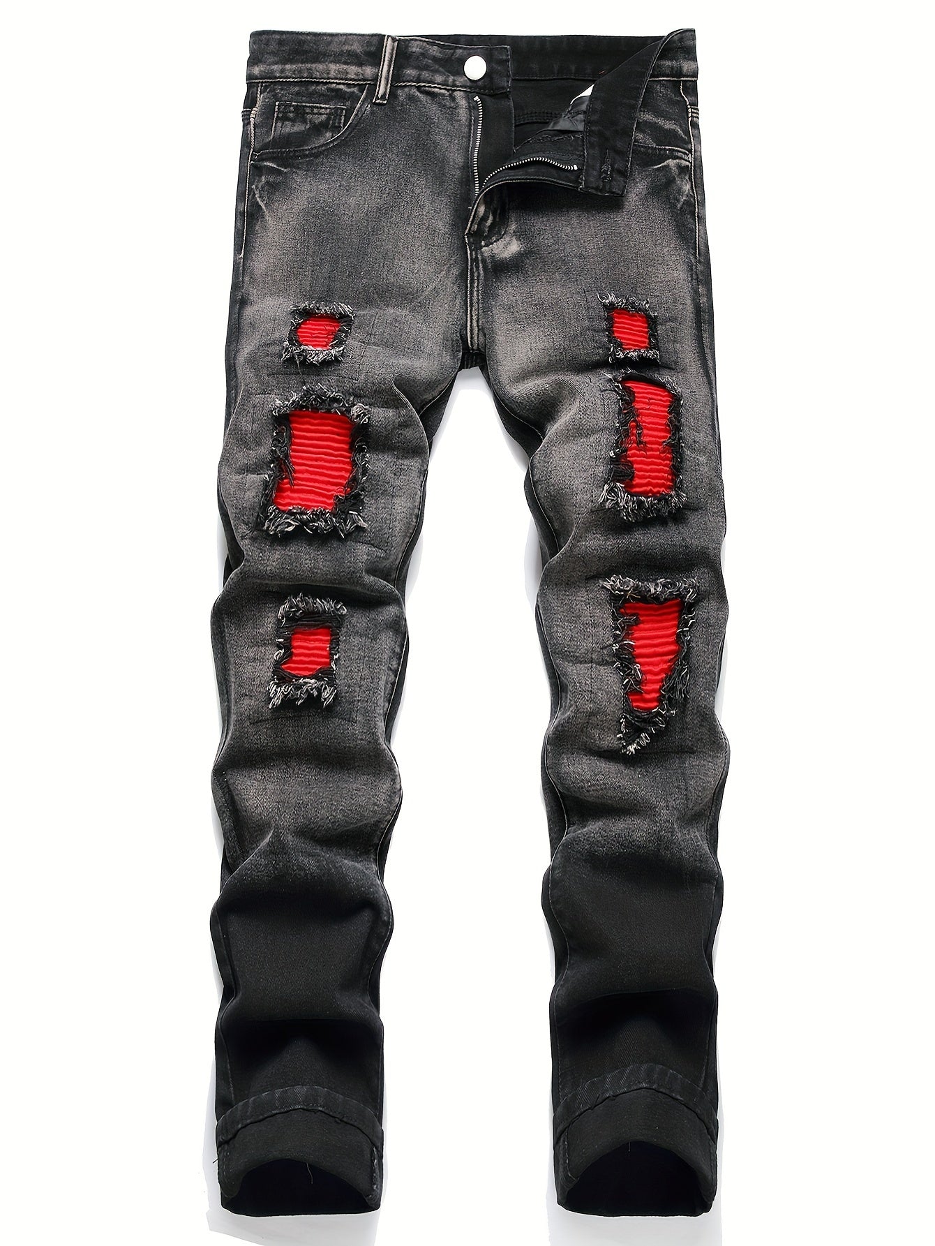 Novelty Crinkled Patched Ripped Design Cotton Blend Jeans, Men's Casual Street Style Straight Leg Denim Pants, Men's Fashion Barrel Jeans