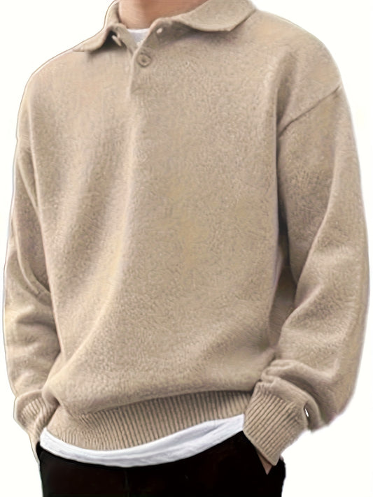 Loose Men's Solid Knitted Golf Sweater, Long Sleeve Casual Top for Fall Winter Outdoor