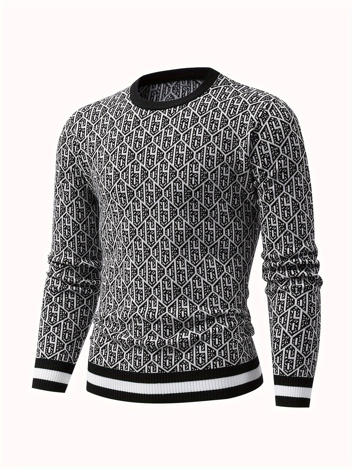 Men's Stylish Geometric Pattern Knitted Pullover, Casual Breathable Long Sleeve Crew Neck Top For City Walk Street Hanging Outdoor Activities