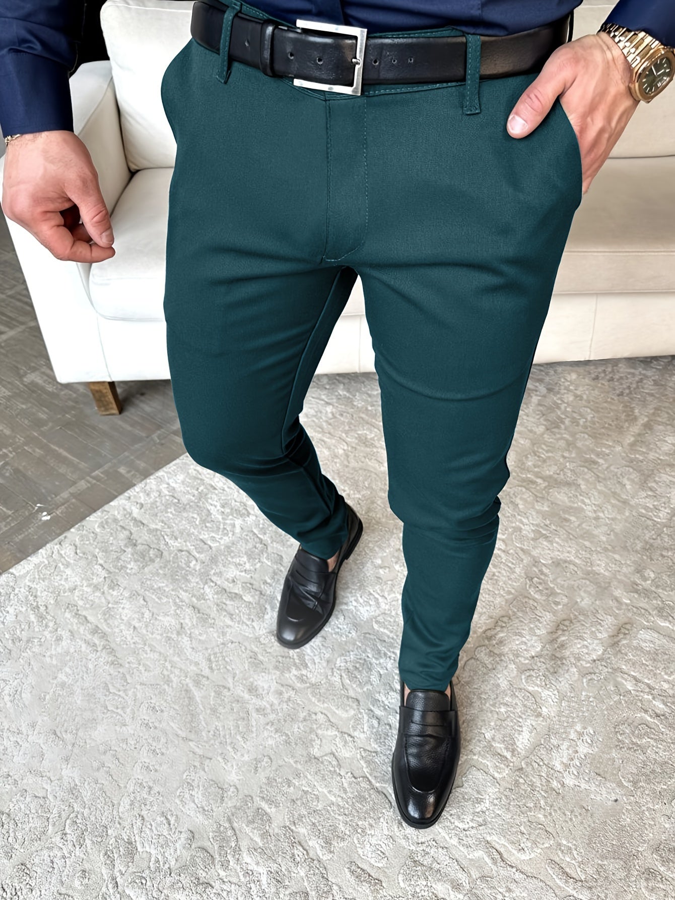 Hundred Foot Solid Color Slim Fit Pencil Pants - Men's Dress Pants for Business Casual Daily Wear - Europe and US Style Fashion, Old Money Inspired, Comfortable and Versatile