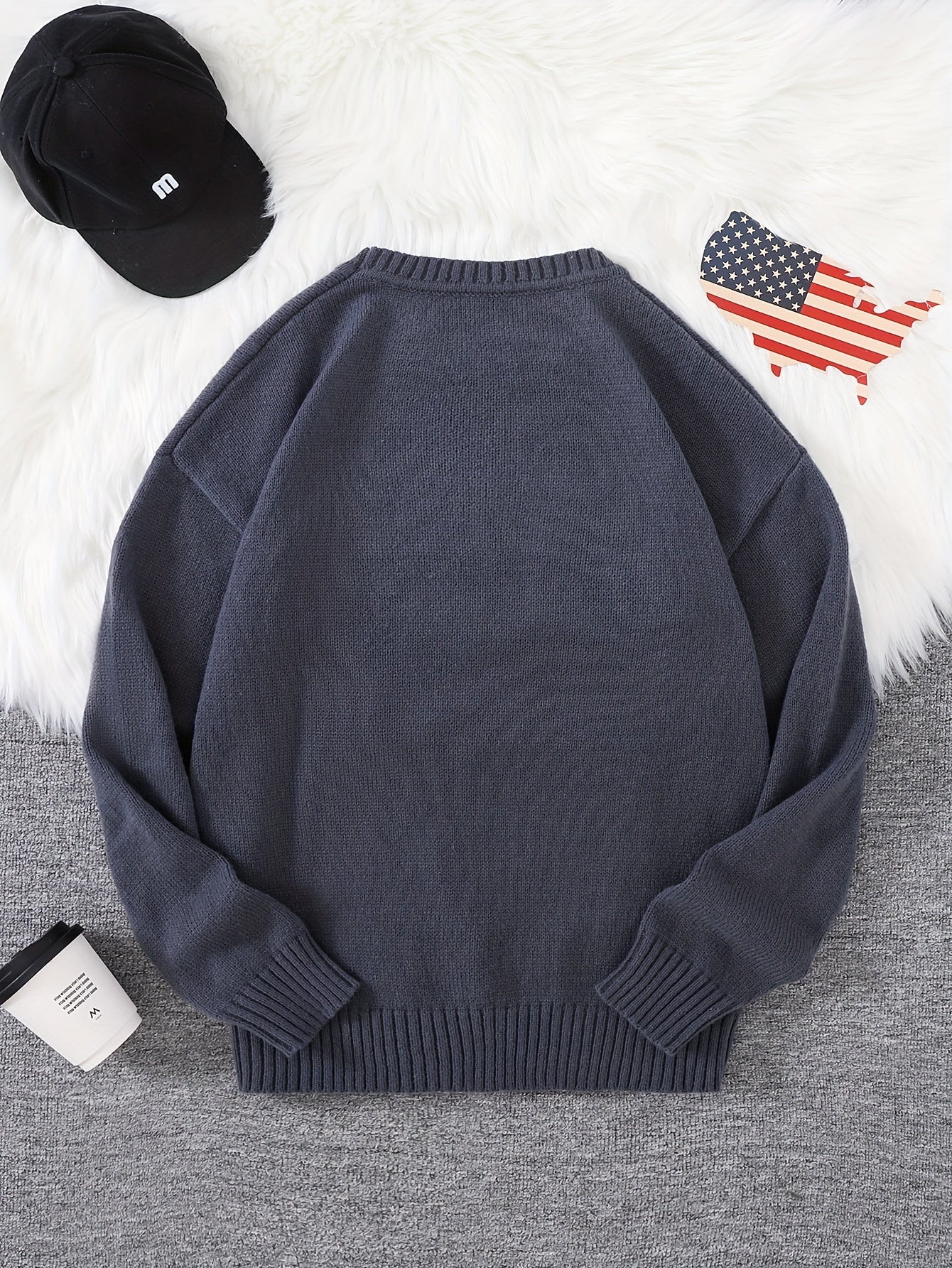 Autumn Fashion Cozy Long Sleeve Pullover Sweater - Soft Crew Neck Knitwear with American Flag Print, Warm and Breathable Outerwear for Daily Wear, Perfect for Casual Occasions - Stylish and Comfortable Top for Men