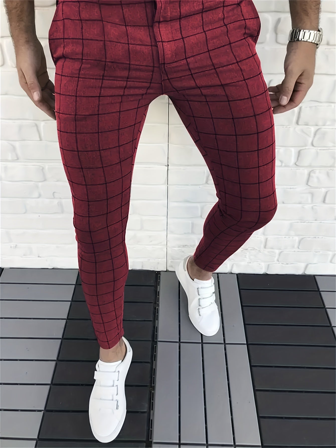 Elegant Plaid Slacks, Men's Casual Vintage Style Dress Pants For Business Banquet