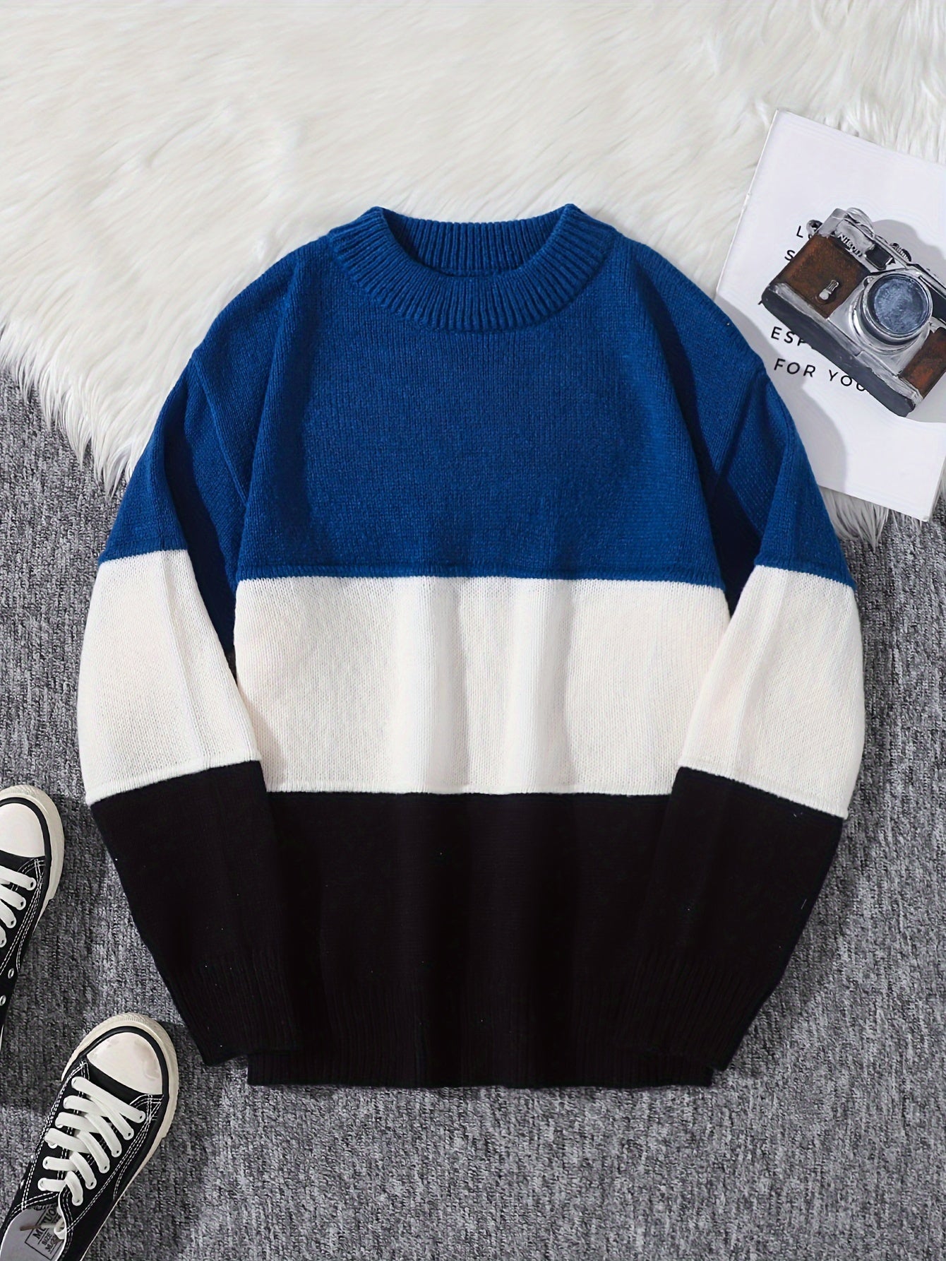 Men's Color Block Pullover Sweater - Long Sleeve Crew Neck Regular Fit, Trendy and Casual for Autumn Winter Daily Wear