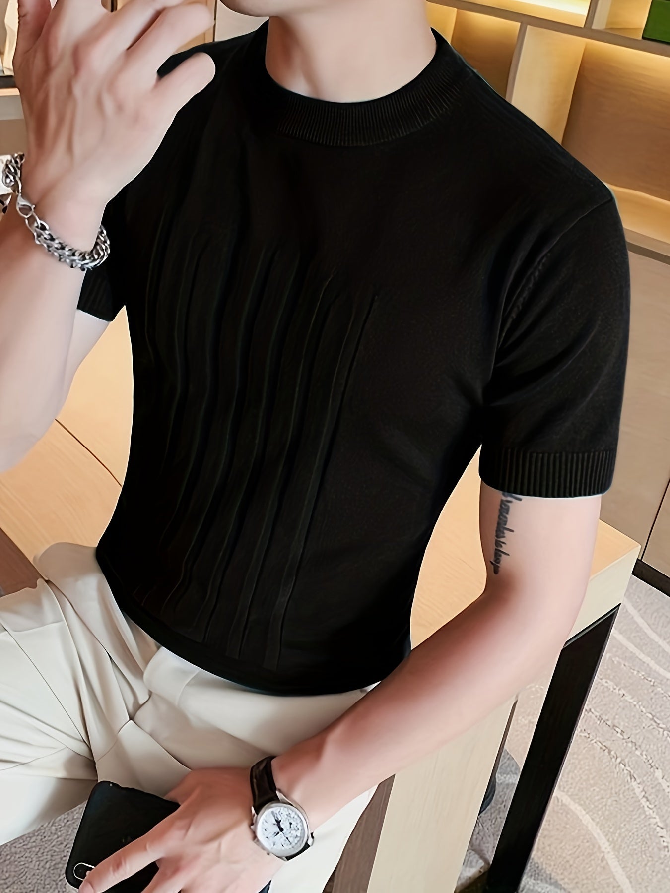 Chic Knit Short Sleeve Shirt, Men's Casual Mid Stretch Crew Neck Pullover Sweater For Spring Fall