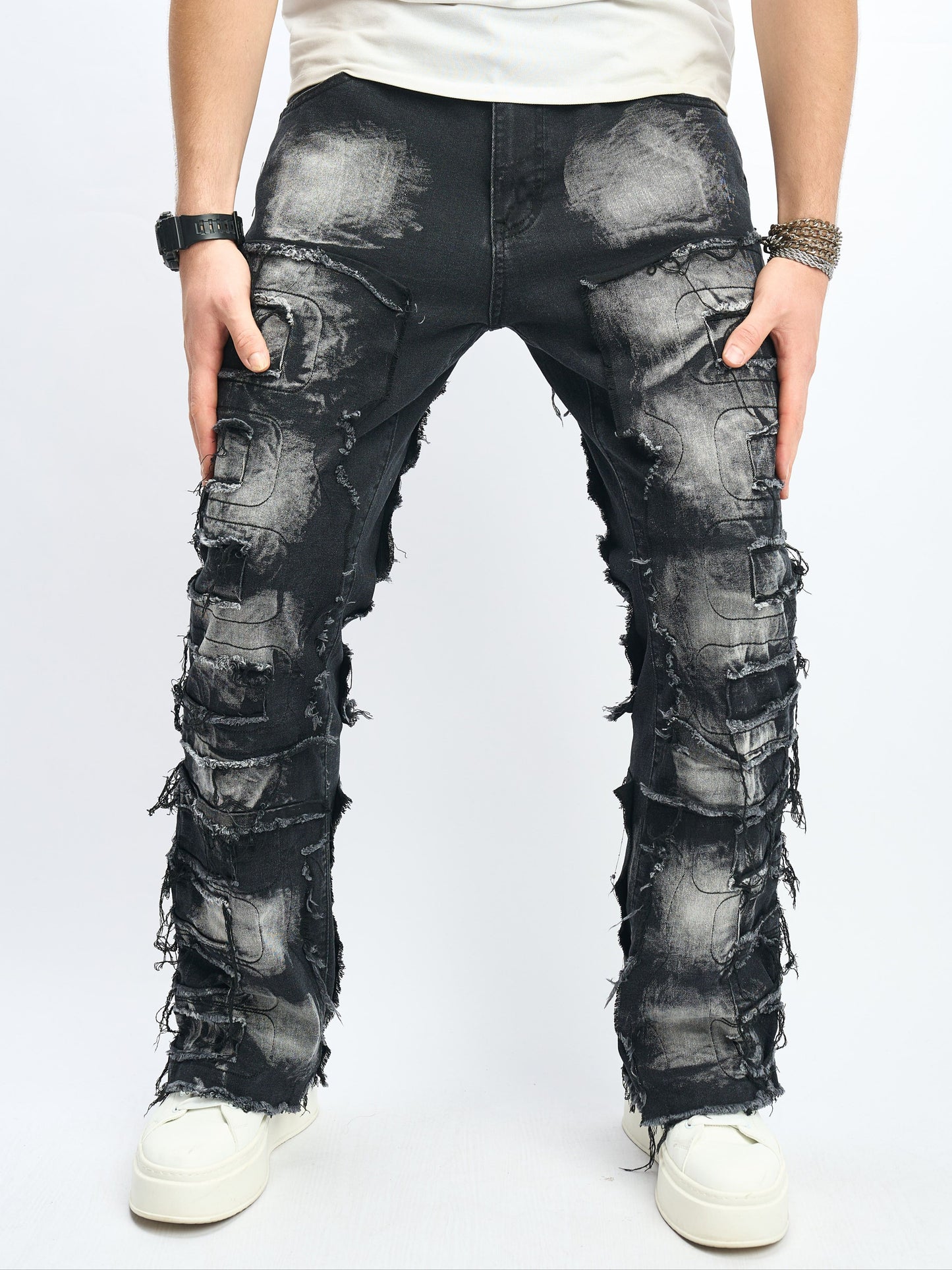 Men's Loose Fit Flares Jeans With Frayed Hem, Men's Stylish Comfy Denim Pants, Street Style Fashion