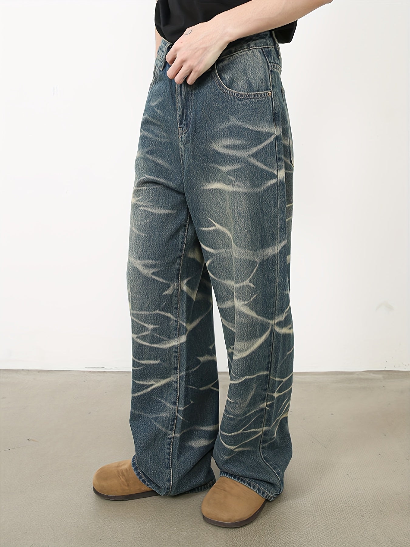 Men's loose fitting straight leg retro design denim street dance party water ripple denim casual pants