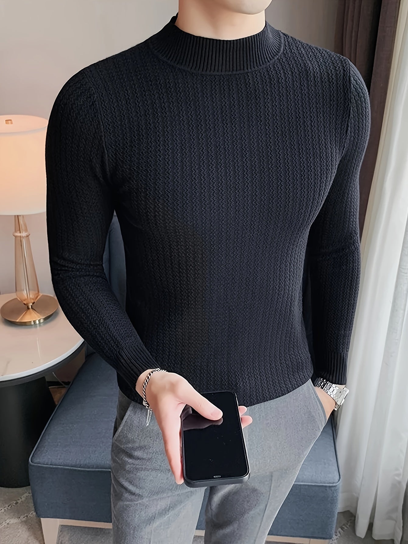 Cozy Solid Knit Pullover Sweater - 100% Cotton, Long Sleeve, Slim-Fit, Stand Collar, Perfect for Fall and Winter Seasons, Soft and Breathable, Classic Style for Casual Wear