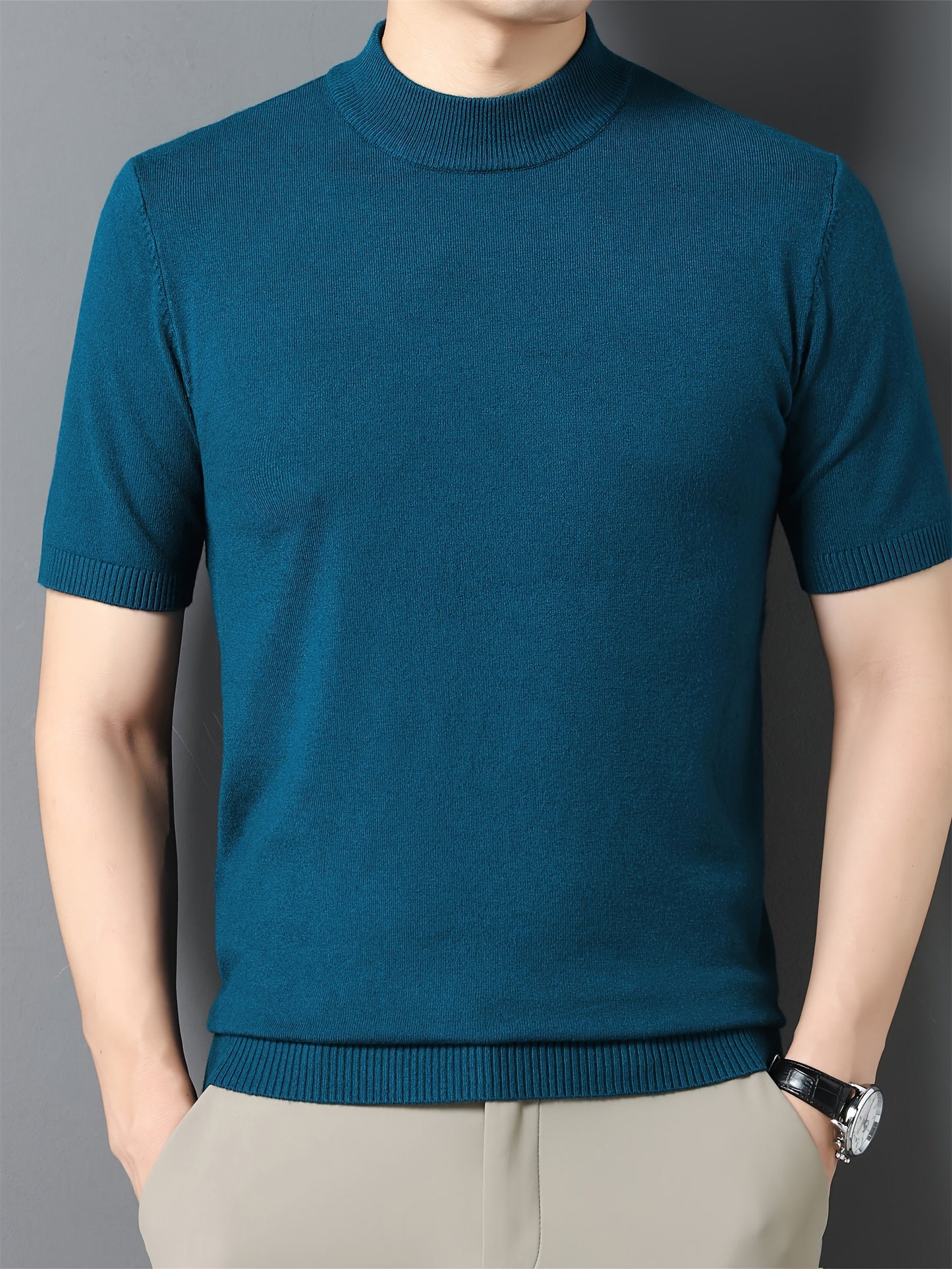 Men's Stylish Solid Knitted Pullover, Casual Breathable Short Sleeve Mock Neck Top For City Walk Street Hanging Outdoor Activities