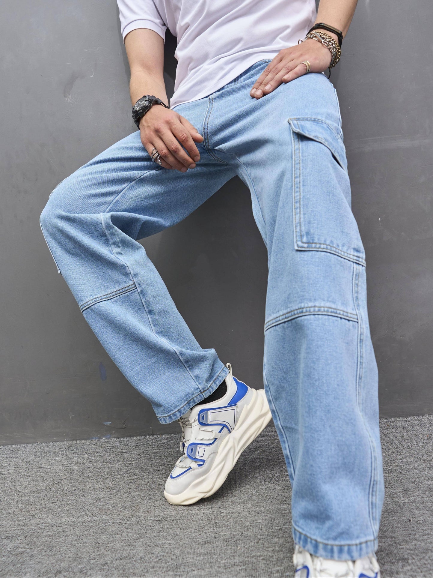 Men's Casual Fashion Multi-Pocket Cargo Jeans, Loose Fit Wide Leg Streetwear Denim Pants, Basic Style