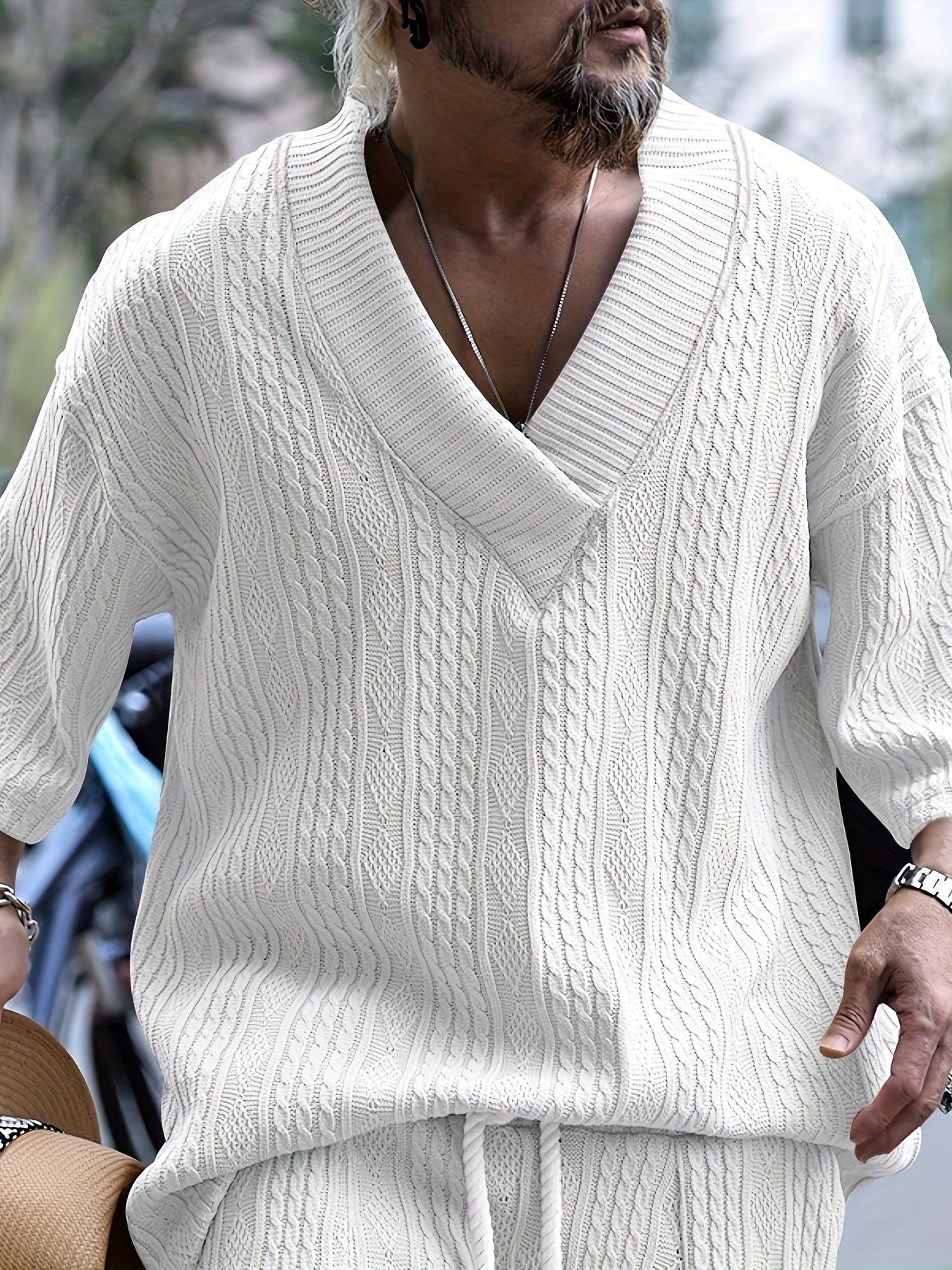 The Latest Casual Loose Fitting Quarter Sleeved Jacquard Knit Shirt From Europe And America, Men's Top, Old Money Style