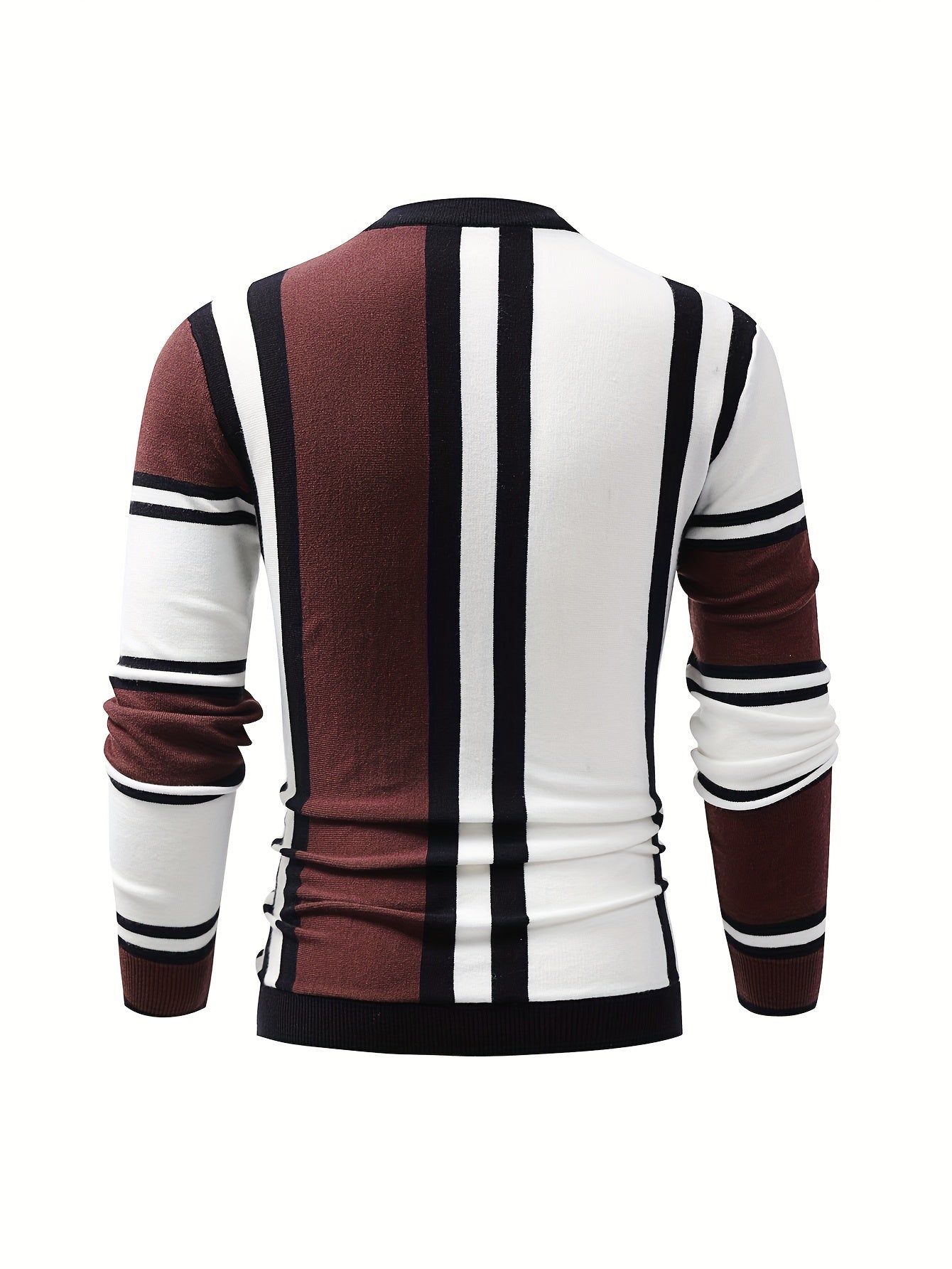 Color Block Design Chic Sweater, Men's Casual Warm High Stretch Crew Neck Pullover Sweater For Fall Winter