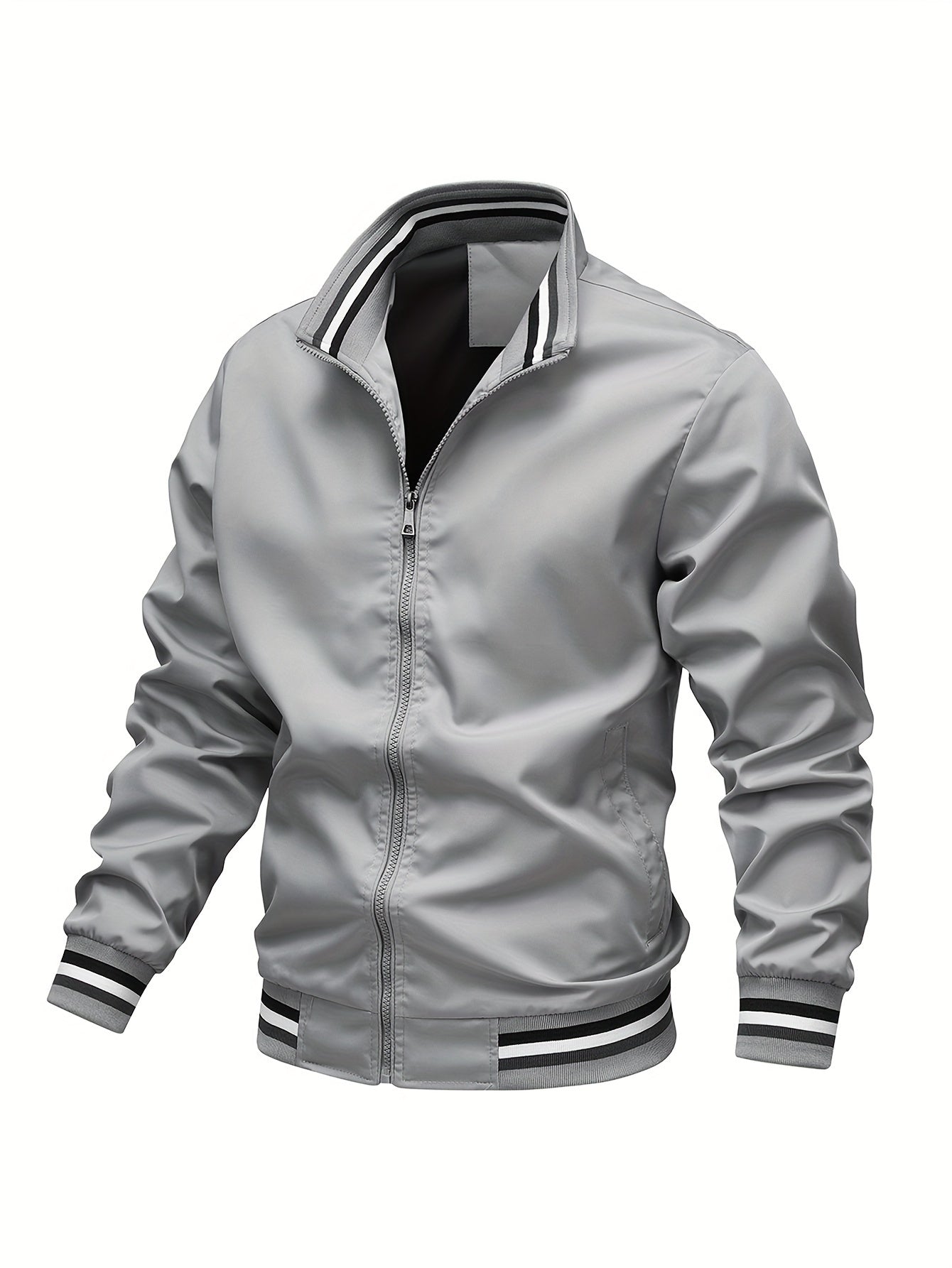 Stripe Edge Bomber Jacket, Men's Casual Stand Collar Zip Up Jacket For Spring Summer Outdoor