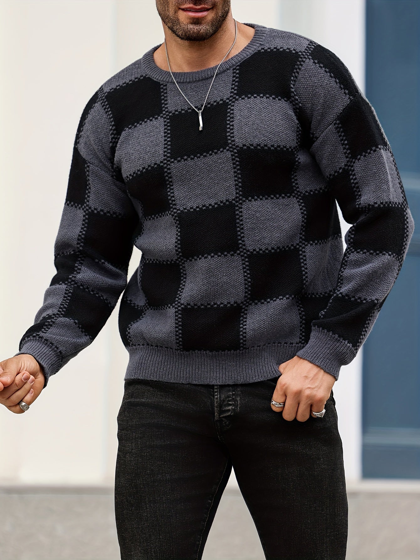 Men's Color Blocking Textured Checked Print Casual Trendy Sweater, Long Sleeve Pullover As Gift For Fall And Winter