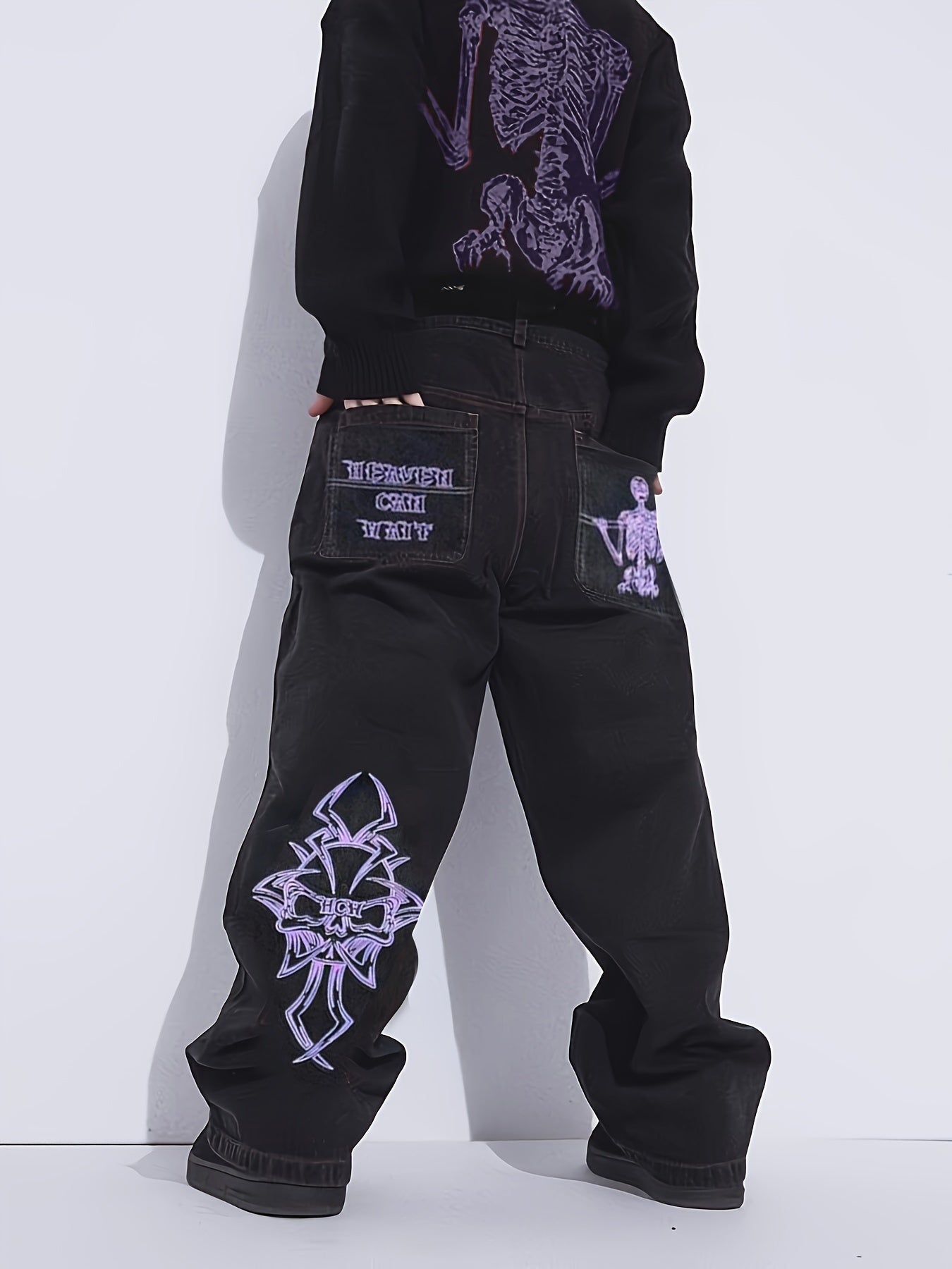 Mens Skeleton Embroidered Jeans - Cotton Blend, Ultra-Loose & Baggy, Pockets, Street Chic Style - A Fashionable Gift for Him