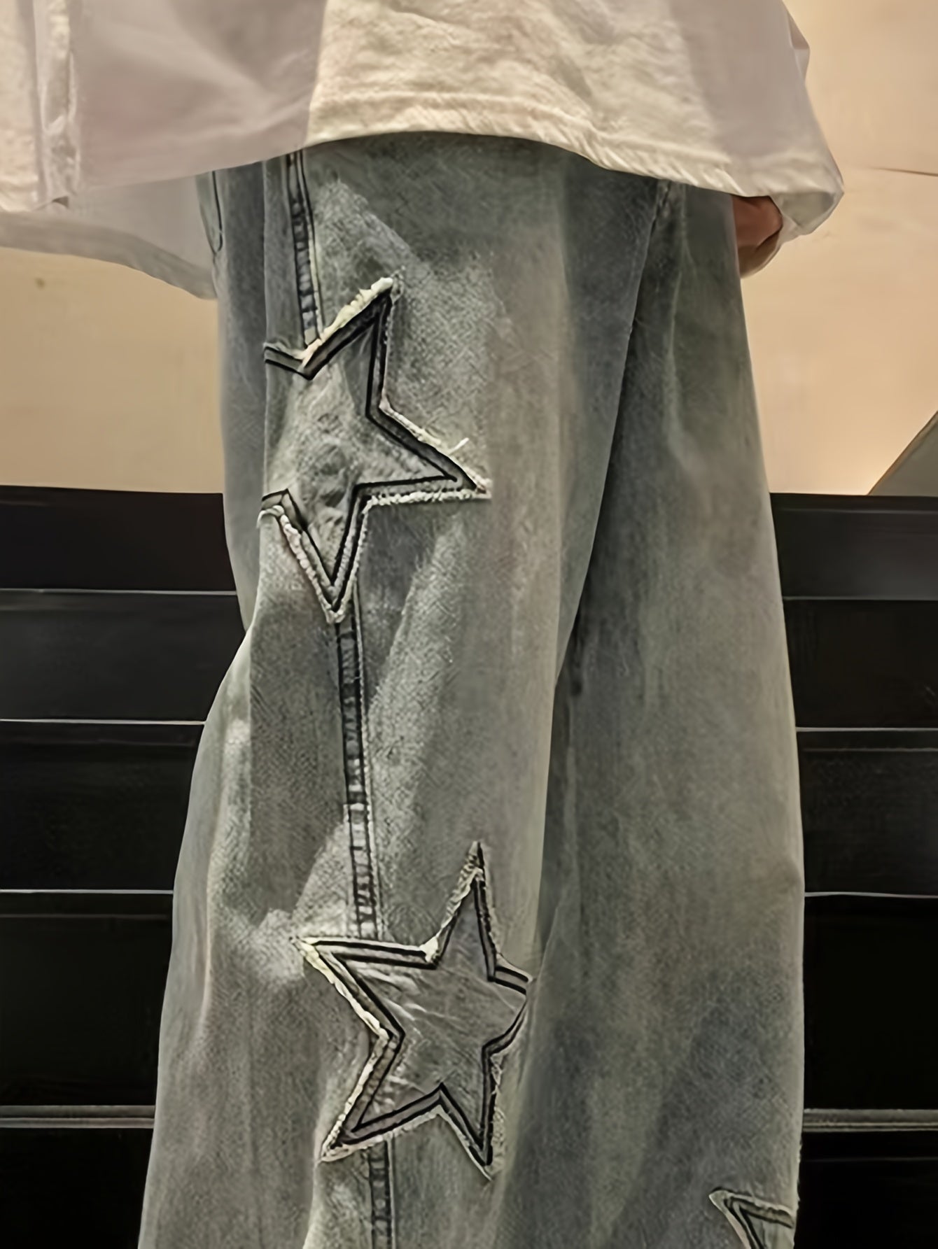 Wide Leg Denim Jeans for Men - Trendy Star Pattern, Washed, Non-Stretch, Loose Fit, Regular Length, Solid Color, Street Style, All-Season Casual Pants