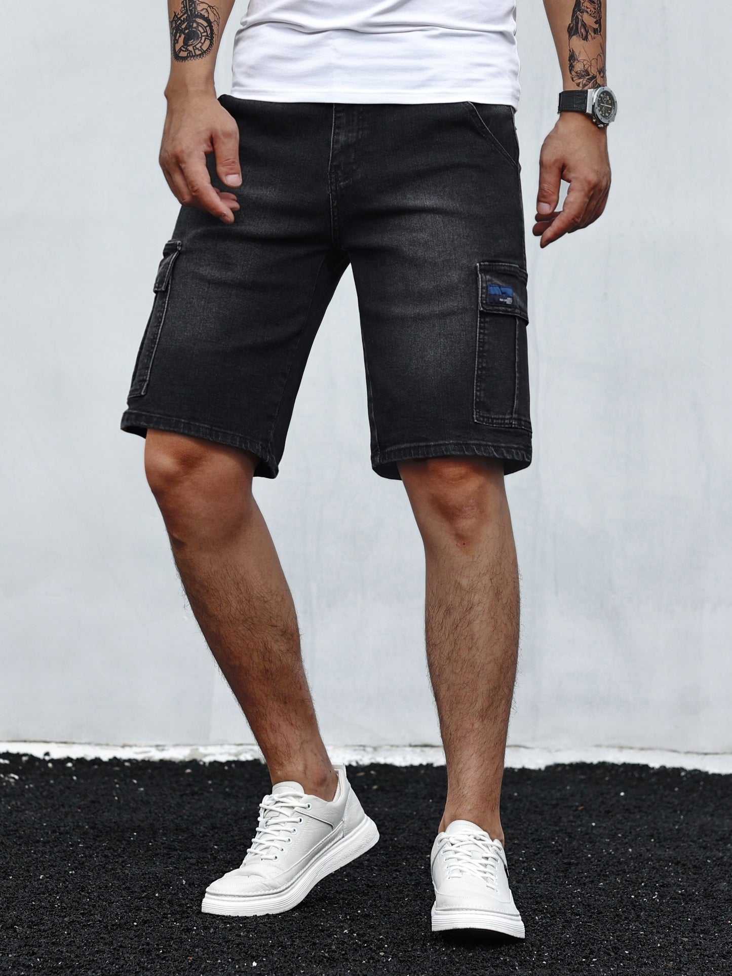 Men's Solid Cotton Blend Denim Jorts With Side Pockets Design, Chic Street Style Summer Bottoms For Men